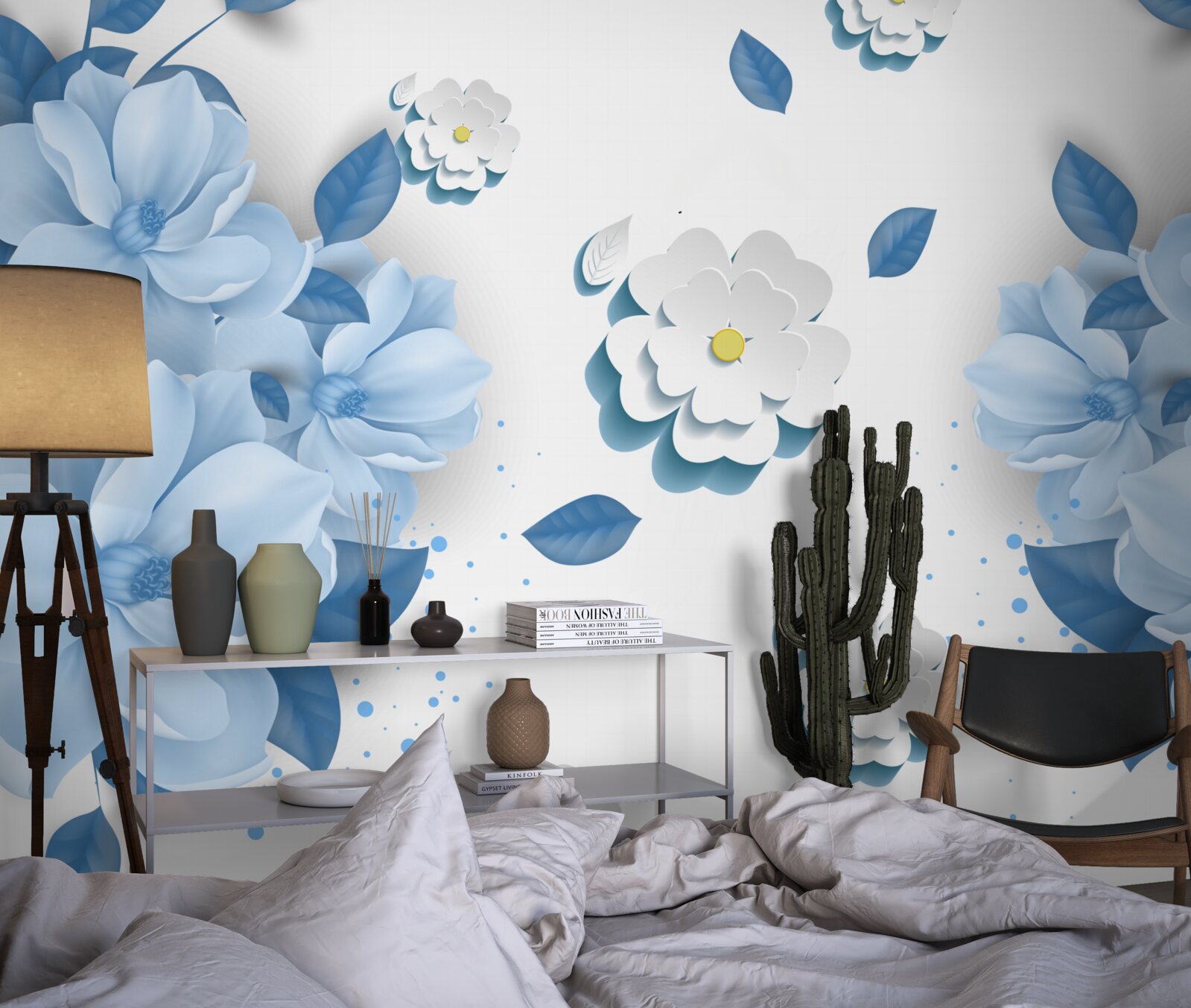 Фотошпалери ніжно-блакитні квіти на білосніжному тлі