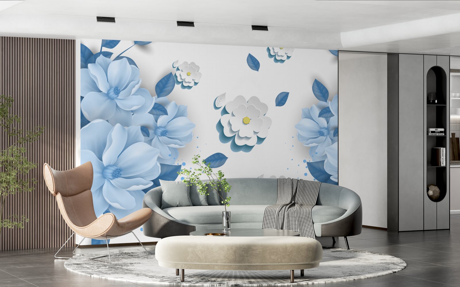 Фотошпалери ніжно-блакитні квіти на білосніжному тлі