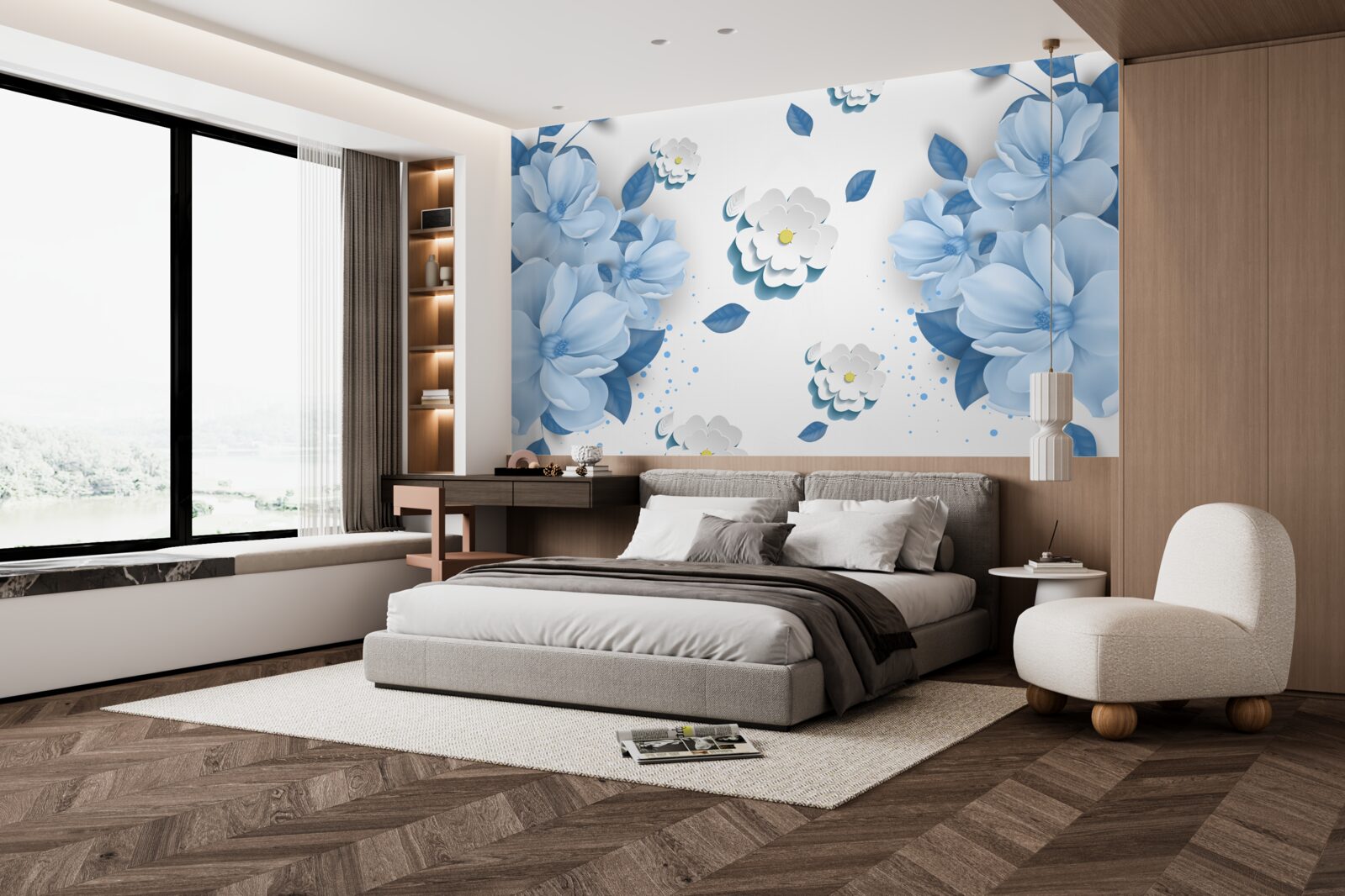 Фотошпалери ніжно-блакитні квіти на білосніжному тлі