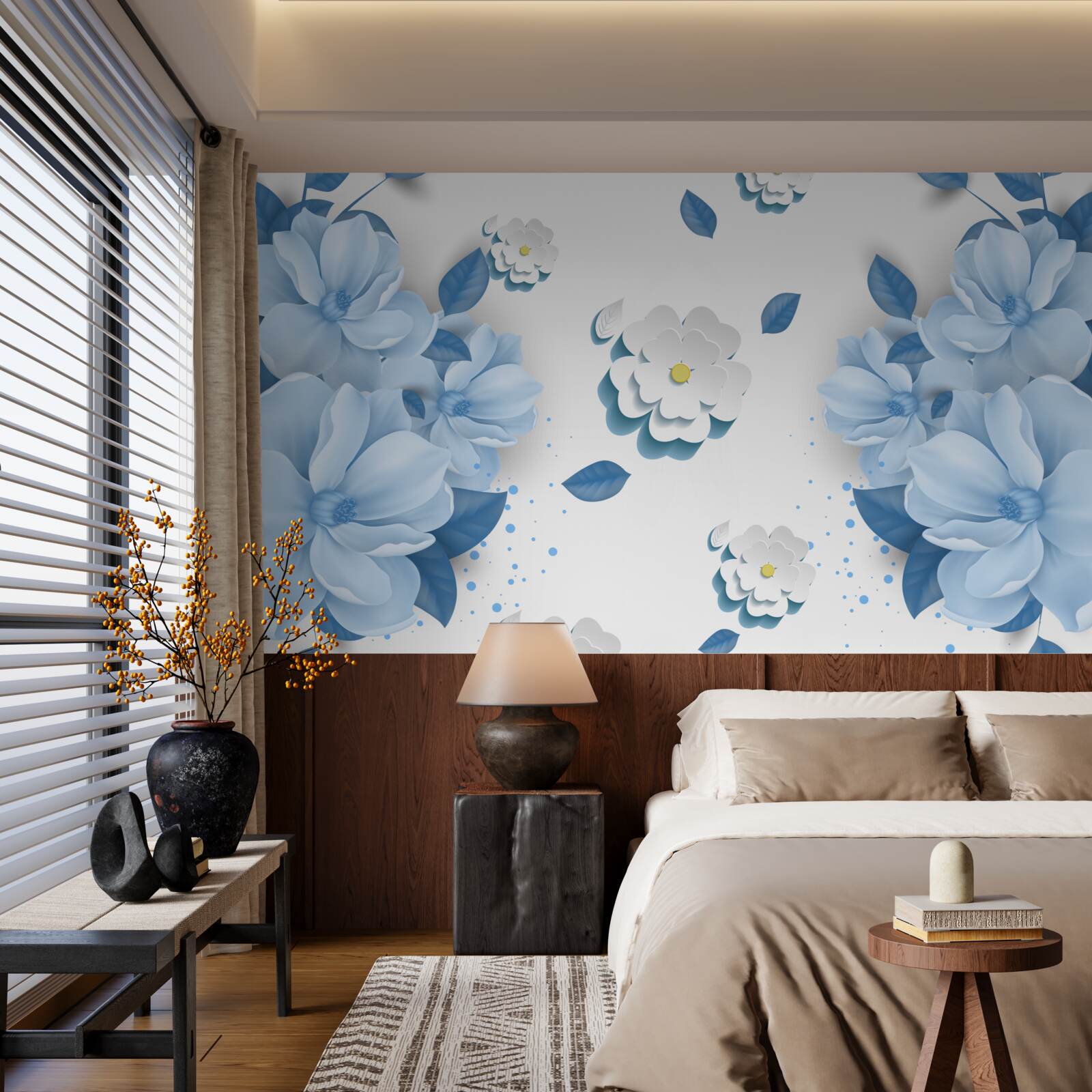 Фотошпалери ніжно-блакитні квіти на білосніжному тлі