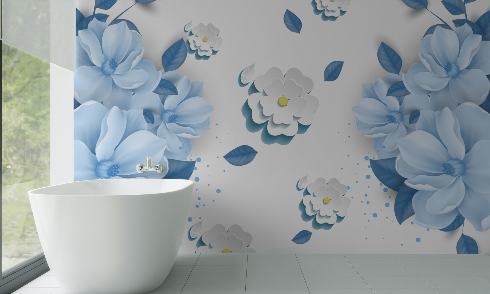 Фотошпалери ніжно-блакитні квіти на білосніжному тлі