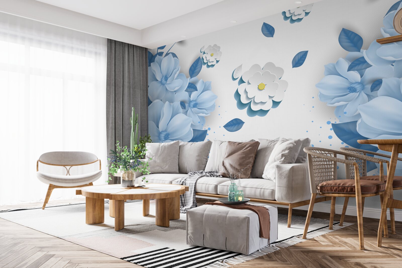 Фотошпалери ніжно-блакитні квіти на білосніжному тлі