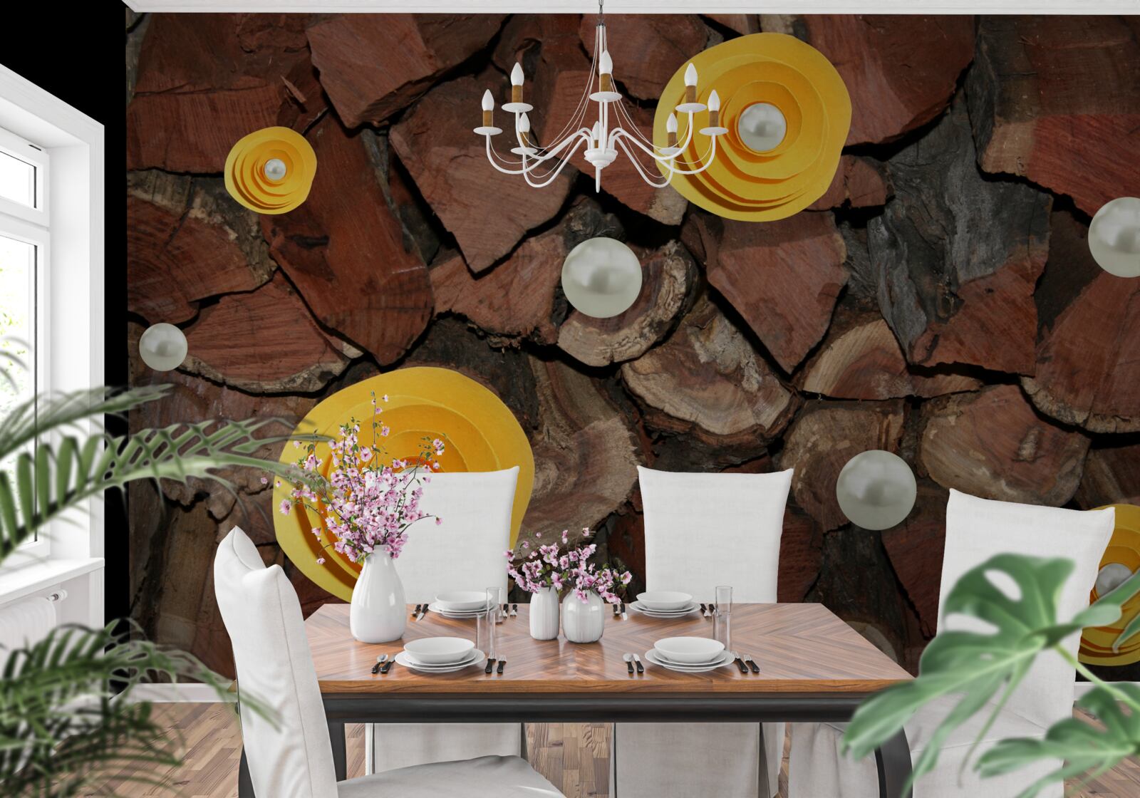 Фотошпалери квіти в жовтих тонах, перли і шматочки дерева