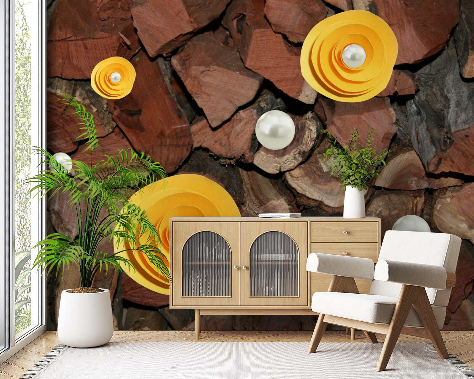 Фотошпалери квіти в жовтих тонах, перли і шматочки дерева