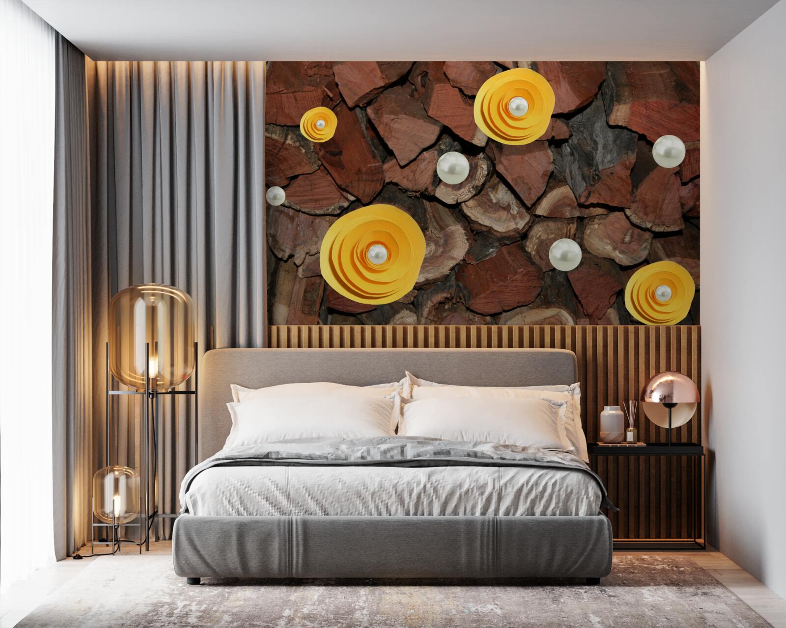 Фотошпалери квіти в жовтих тонах, перли і шматочки дерева