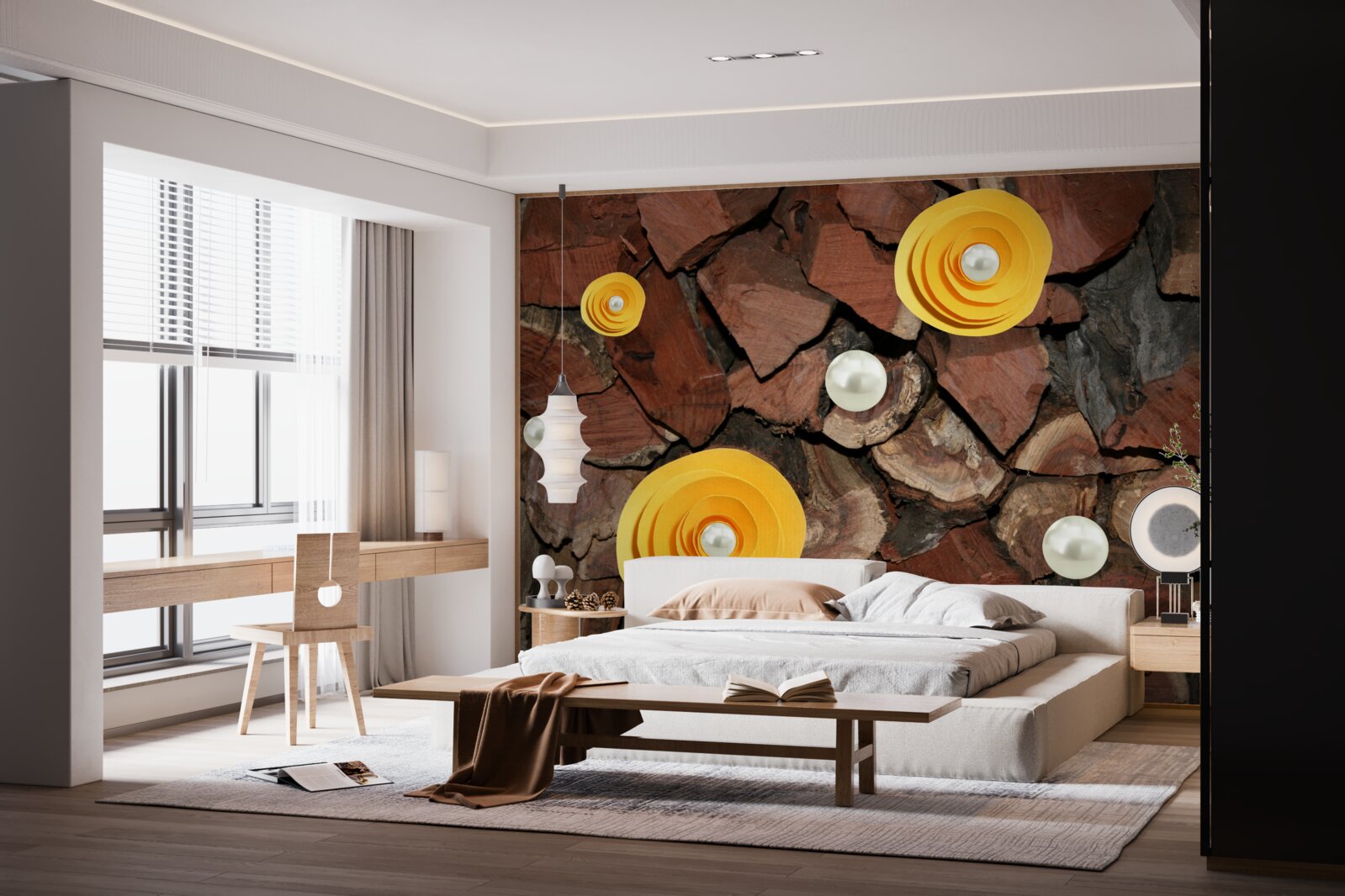 Фотошпалери квіти в жовтих тонах, перли і шматочки дерева