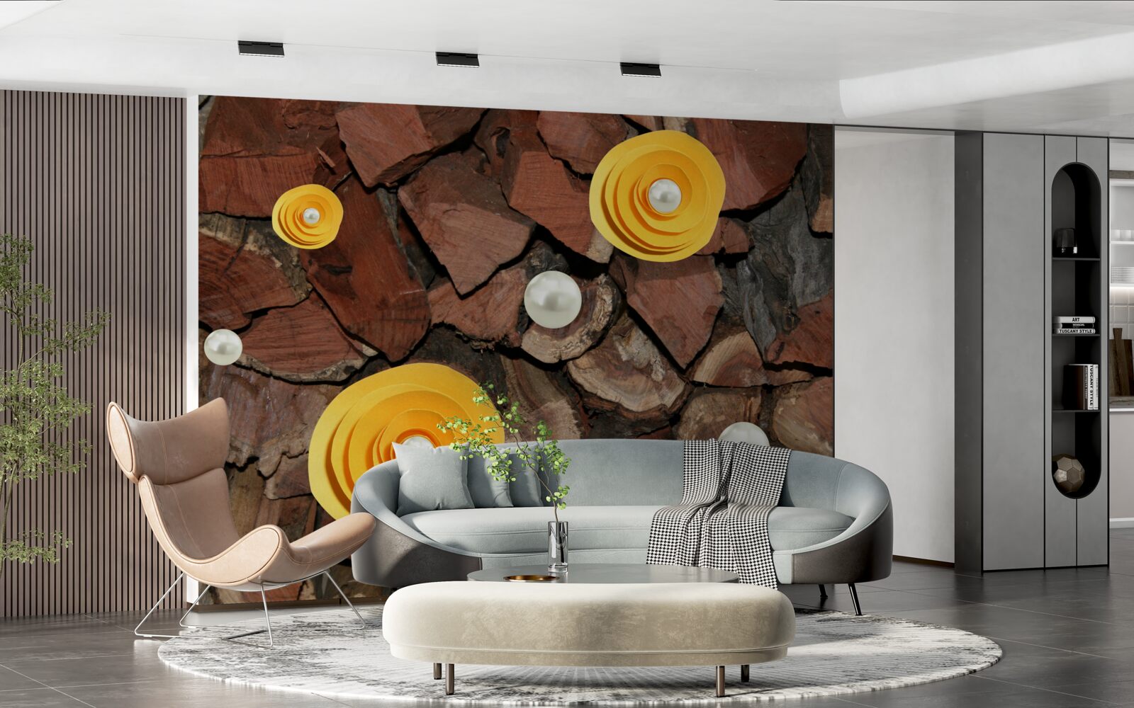 Фотошпалери квіти в жовтих тонах, перли і шматочки дерева