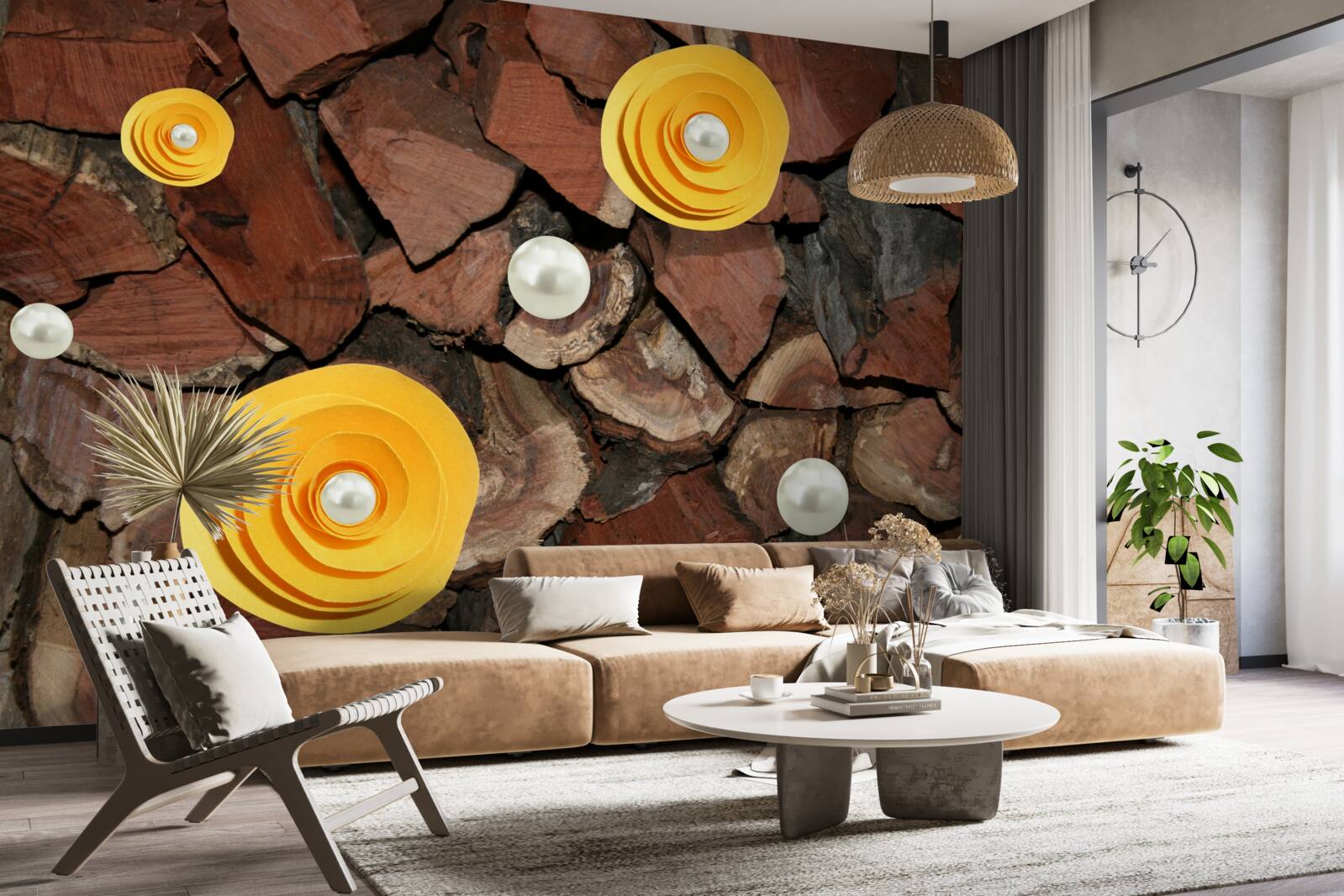 Фотошпалери квіти в жовтих тонах, перли і шматочки дерева