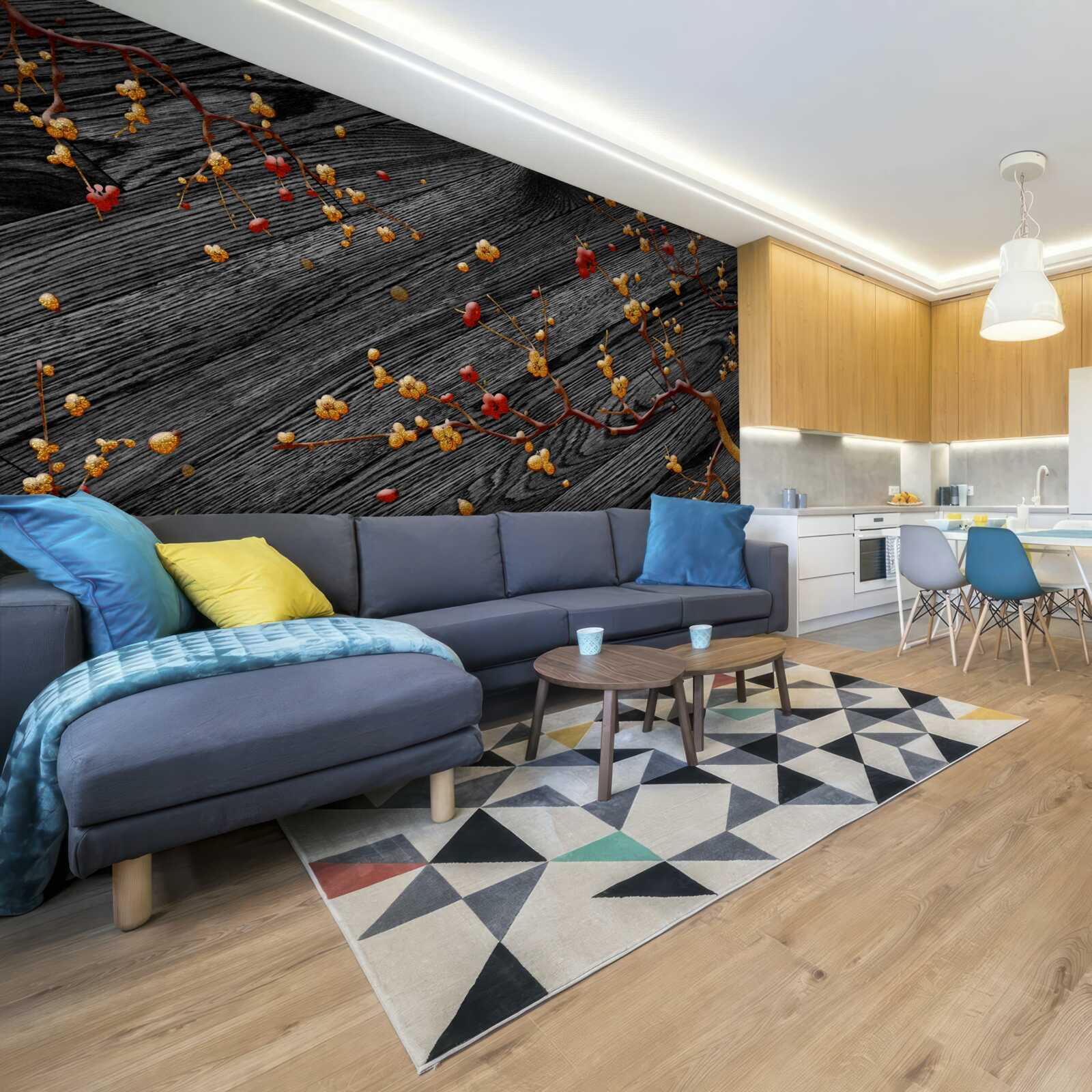 Фотошпалери гілка магнолії, позолочена після заходу сонця