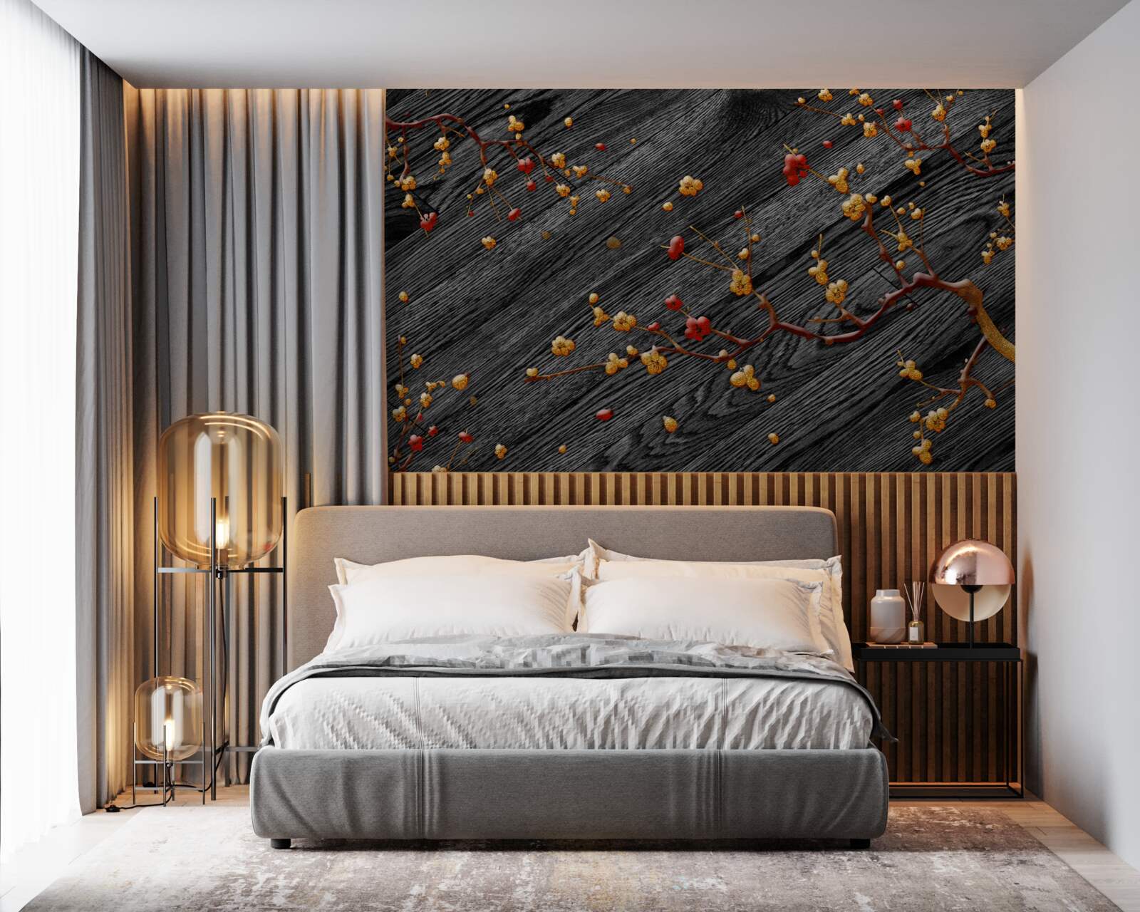 Фотошпалери гілка магнолії, позолочена після заходу сонця