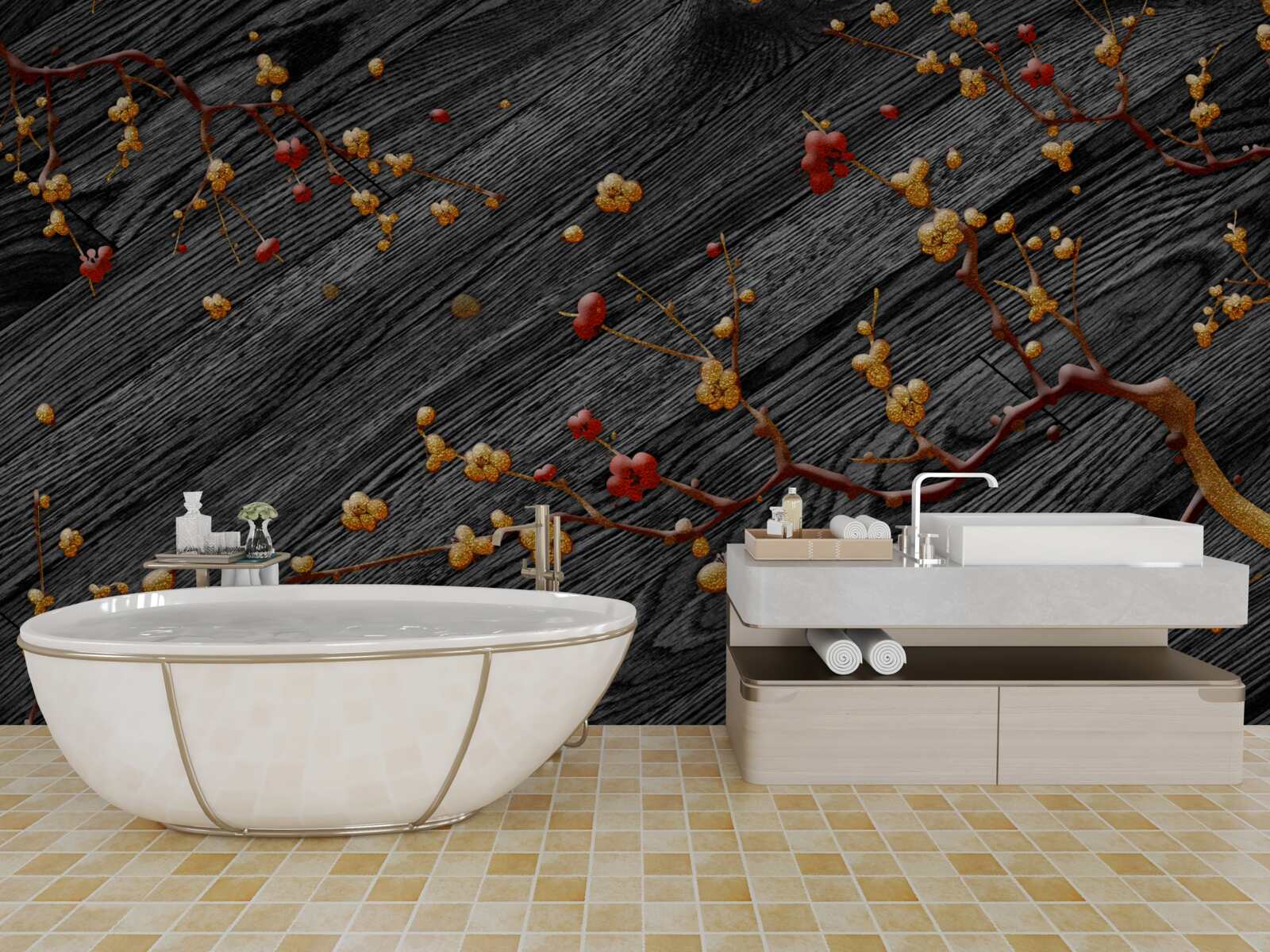 Фотошпалери гілка магнолії, позолочена після заходу сонця