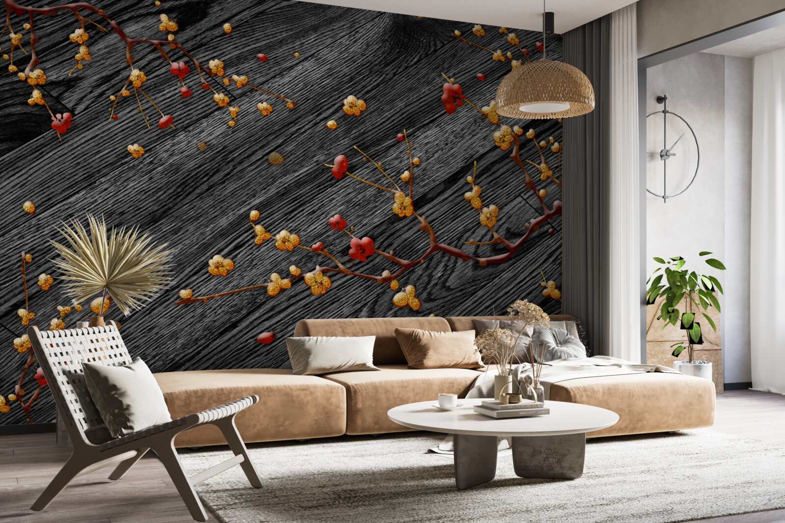 Фотошпалери гілка магнолії, позолочена після заходу сонця