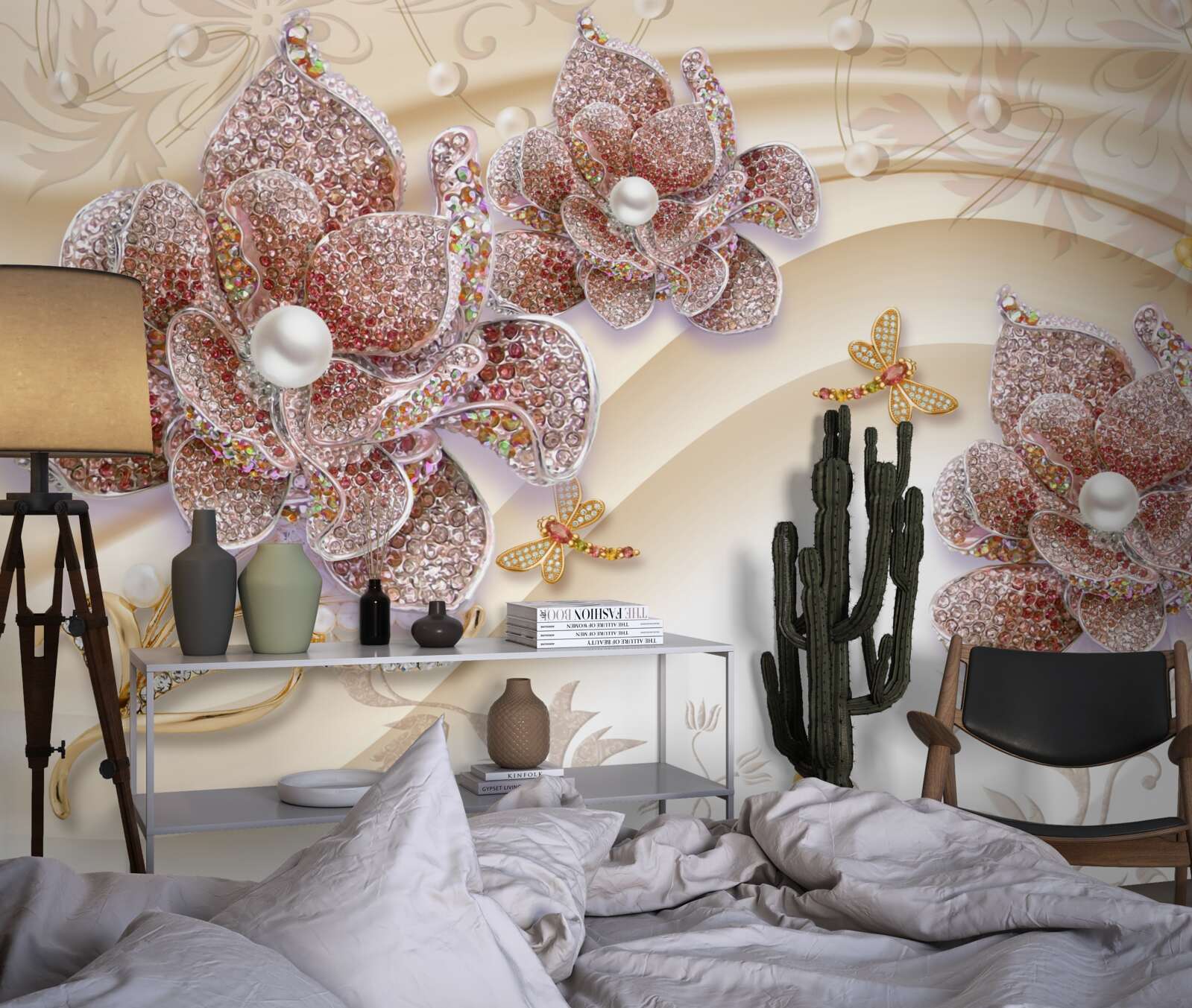 Фотошпалери композиція з перлинних квітів і метеликів