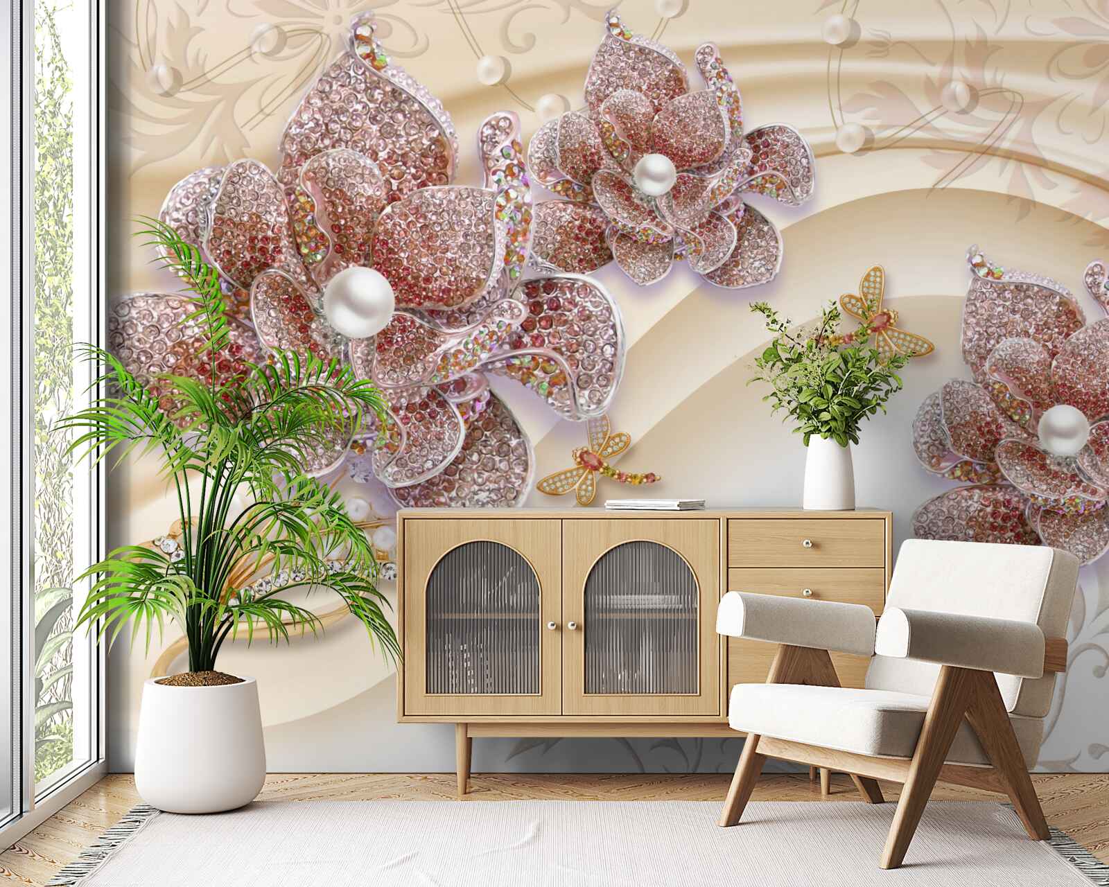 Фотошпалери композиція з перлинних квітів і метеликів