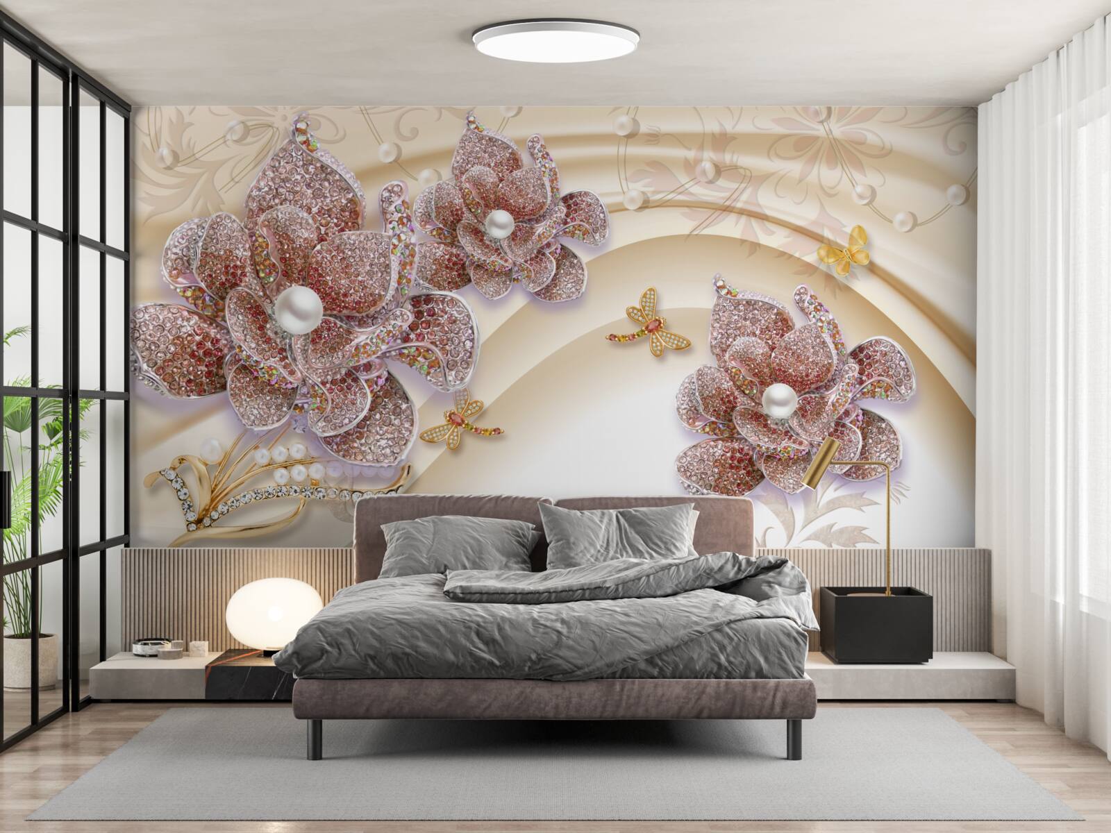 Фотошпалери композиція з перлинних квітів і метеликів