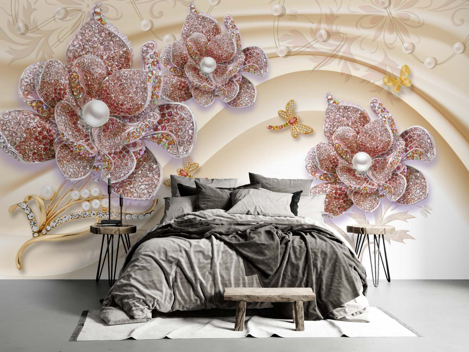 Фотошпалери композиція з перлинних квітів і метеликів