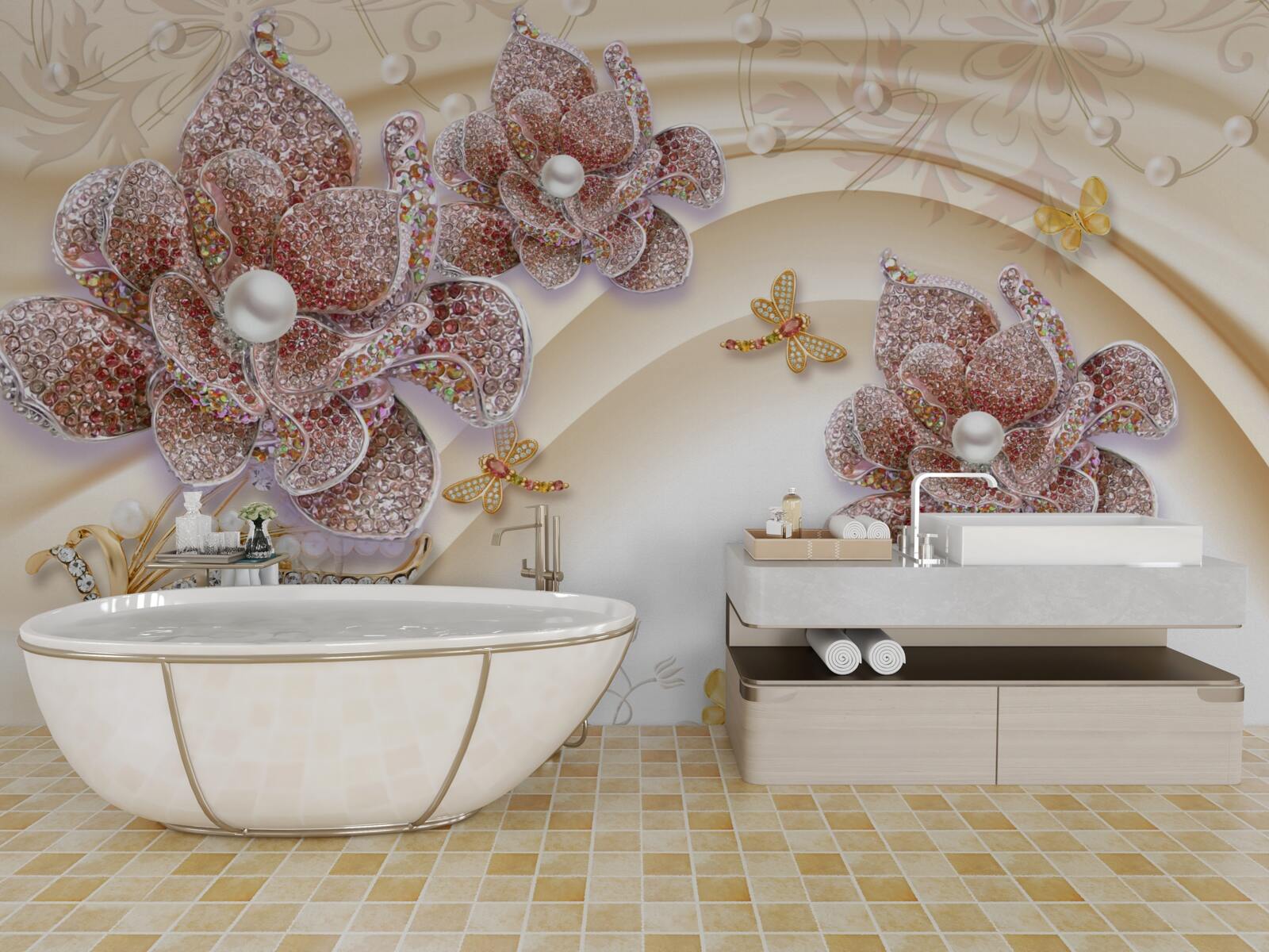 Фотошпалери композиція з перлинних квітів і метеликів