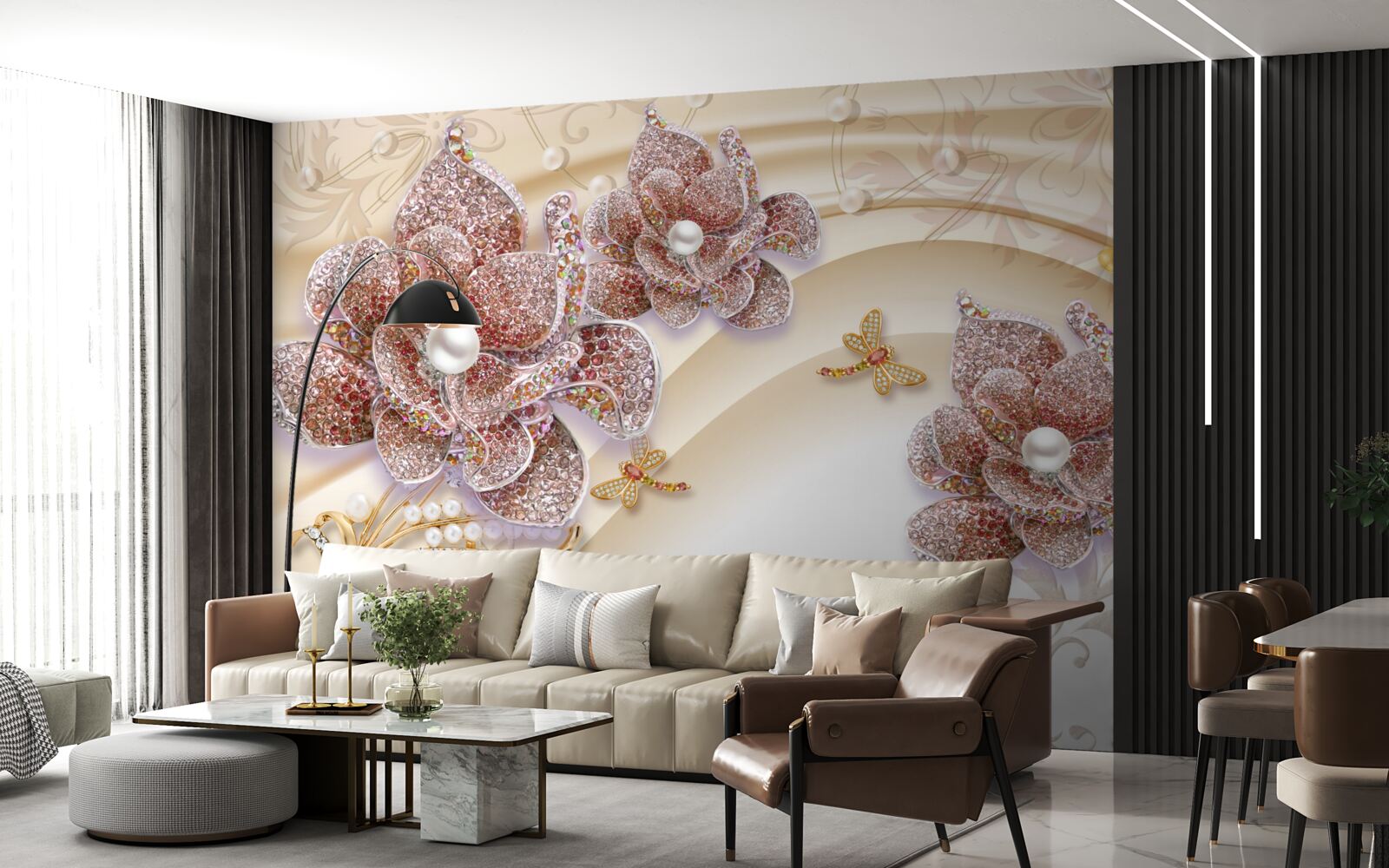 Фотошпалери композиція з перлинних квітів і метеликів