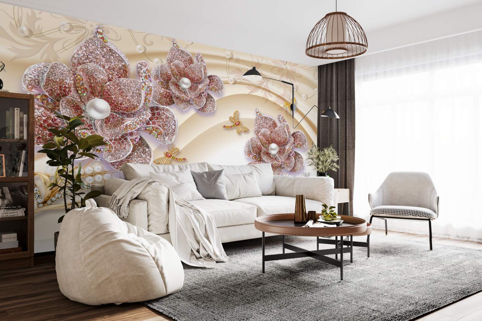 Фотошпалери композиція з перлинних квітів і метеликів