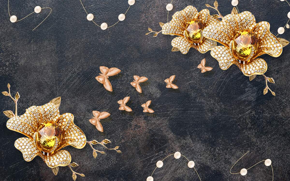 Фотошпалери ввечері золоті квіти прикрашають метелики