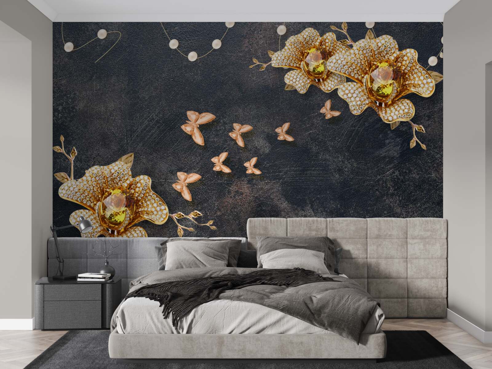 Фотошпалери ввечері золоті квіти прикрашають метелики