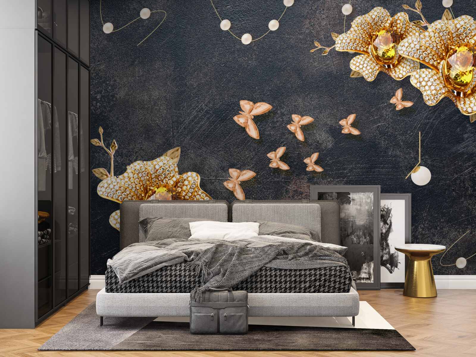 Фотошпалери ввечері золоті квіти прикрашають метелики