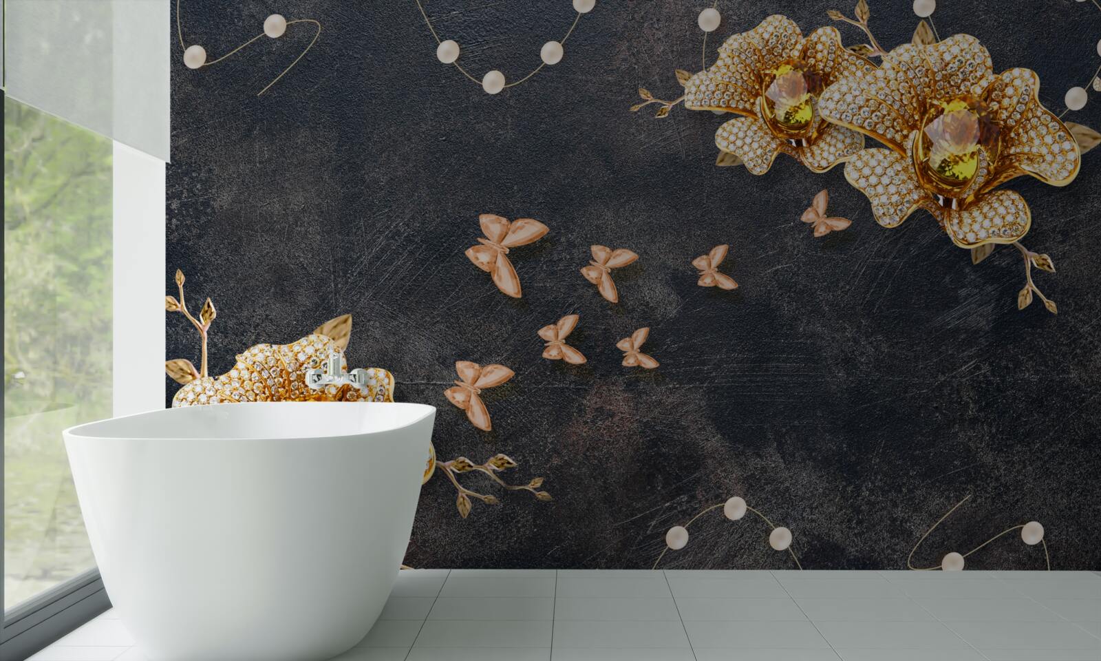 Фотошпалери ввечері золоті квіти прикрашають метелики