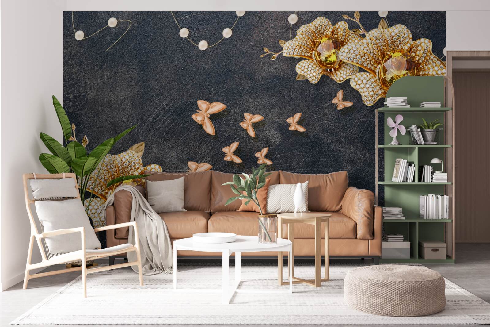 Фотошпалери ввечері золоті квіти прикрашають метелики