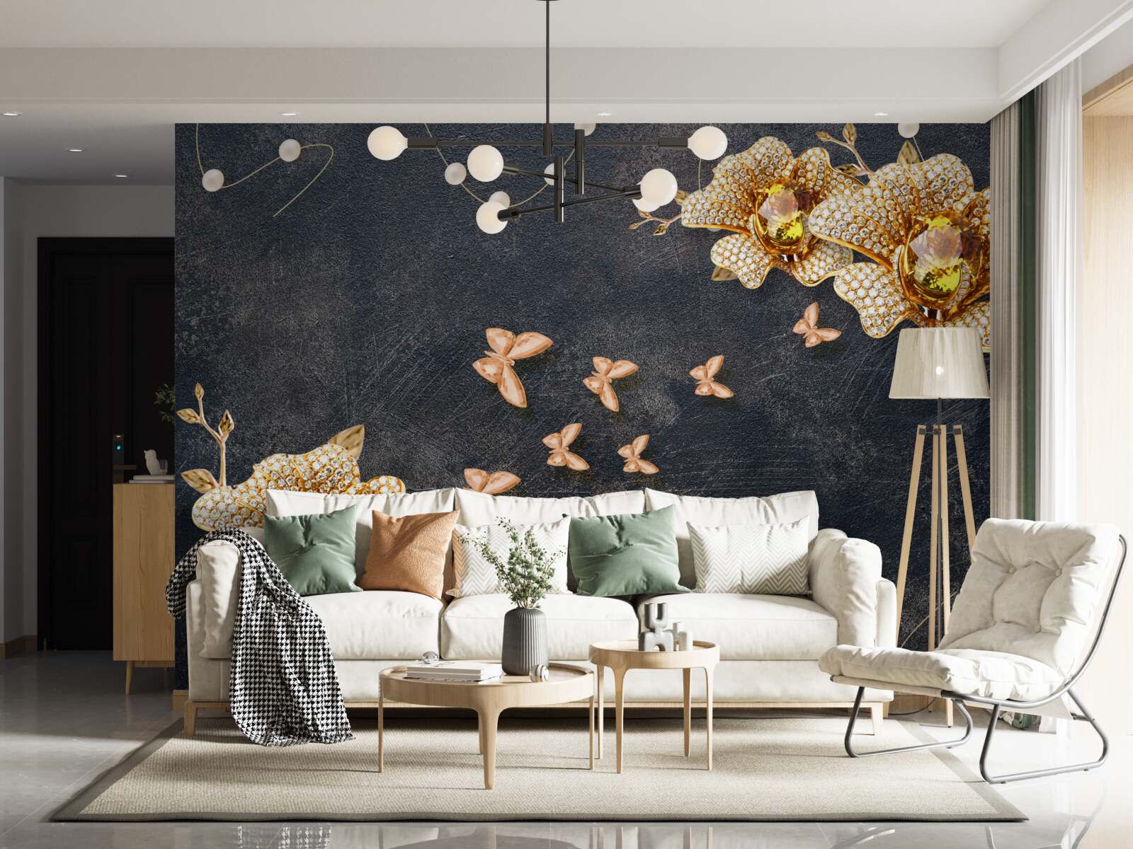 Фотошпалери ввечері золоті квіти прикрашають метелики