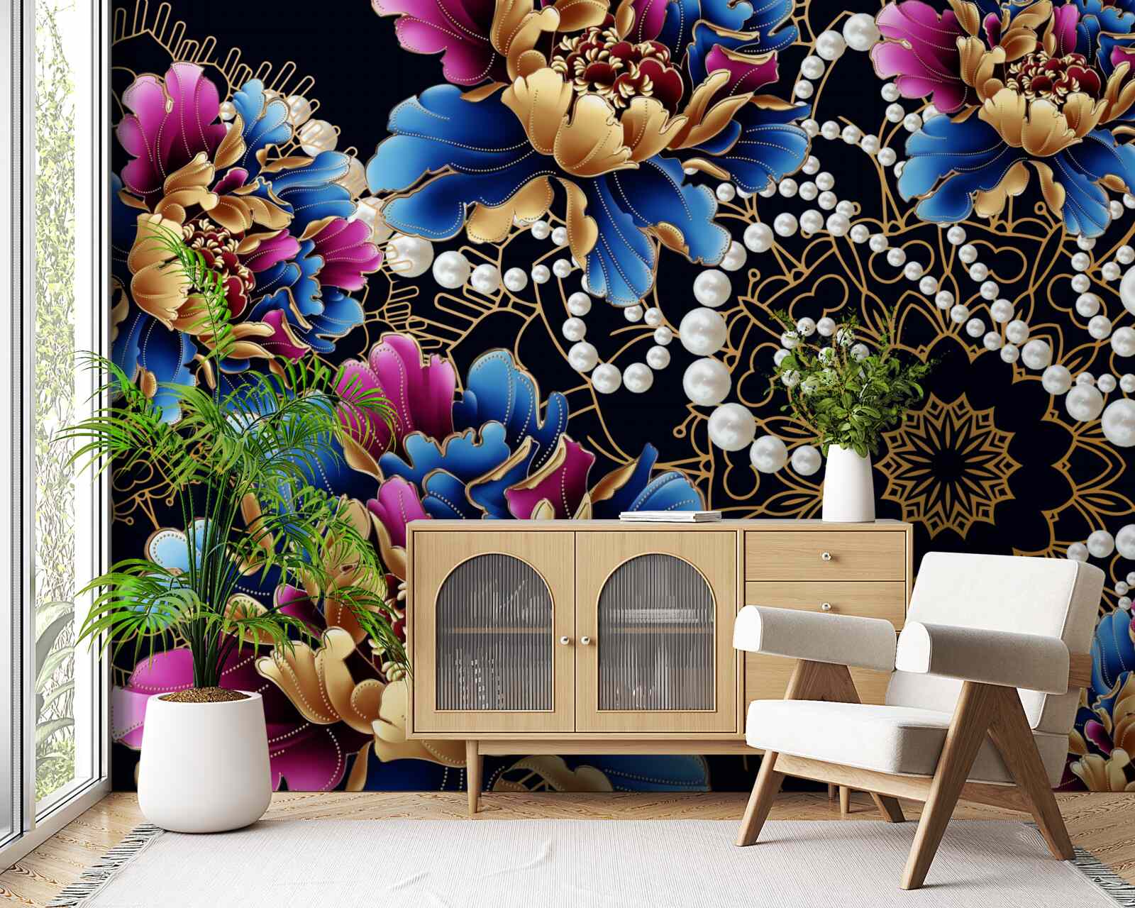 Фотошпалери ювелірні прикраси та квіти створюють абстрактний комплект