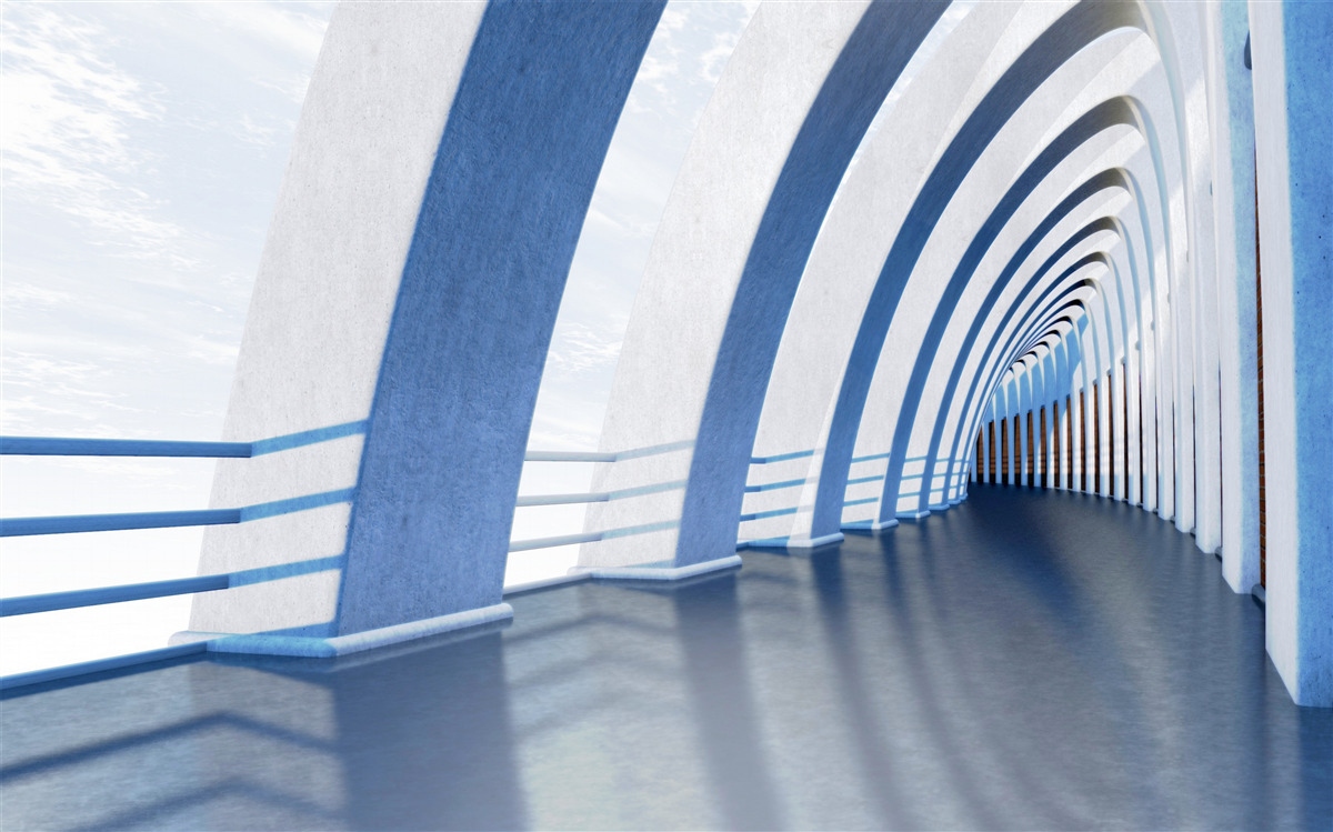 Фотошпалери пасаж в оточенні колон під яскравим небом