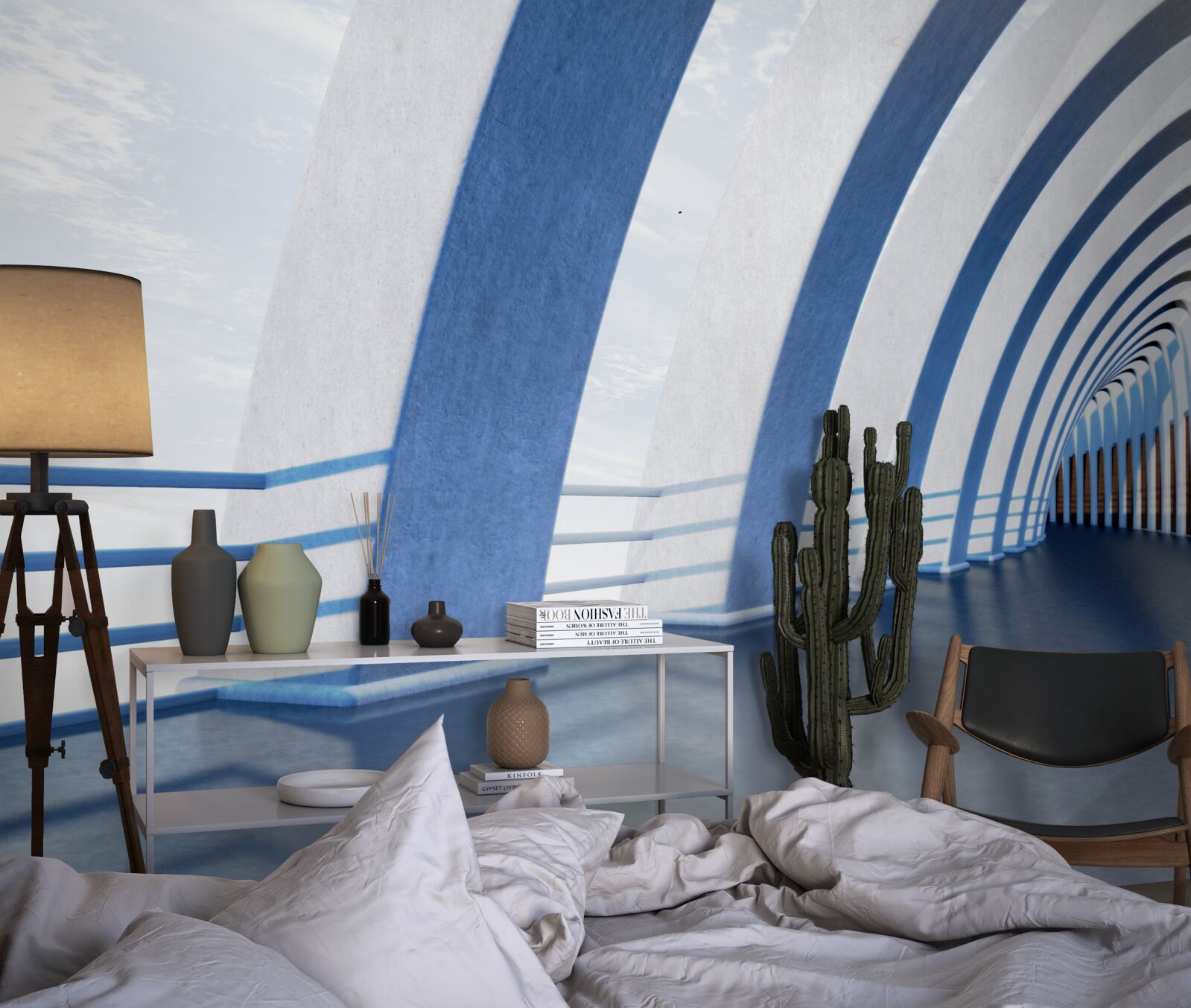 Фотошпалери пасаж в оточенні колон під яскравим небом