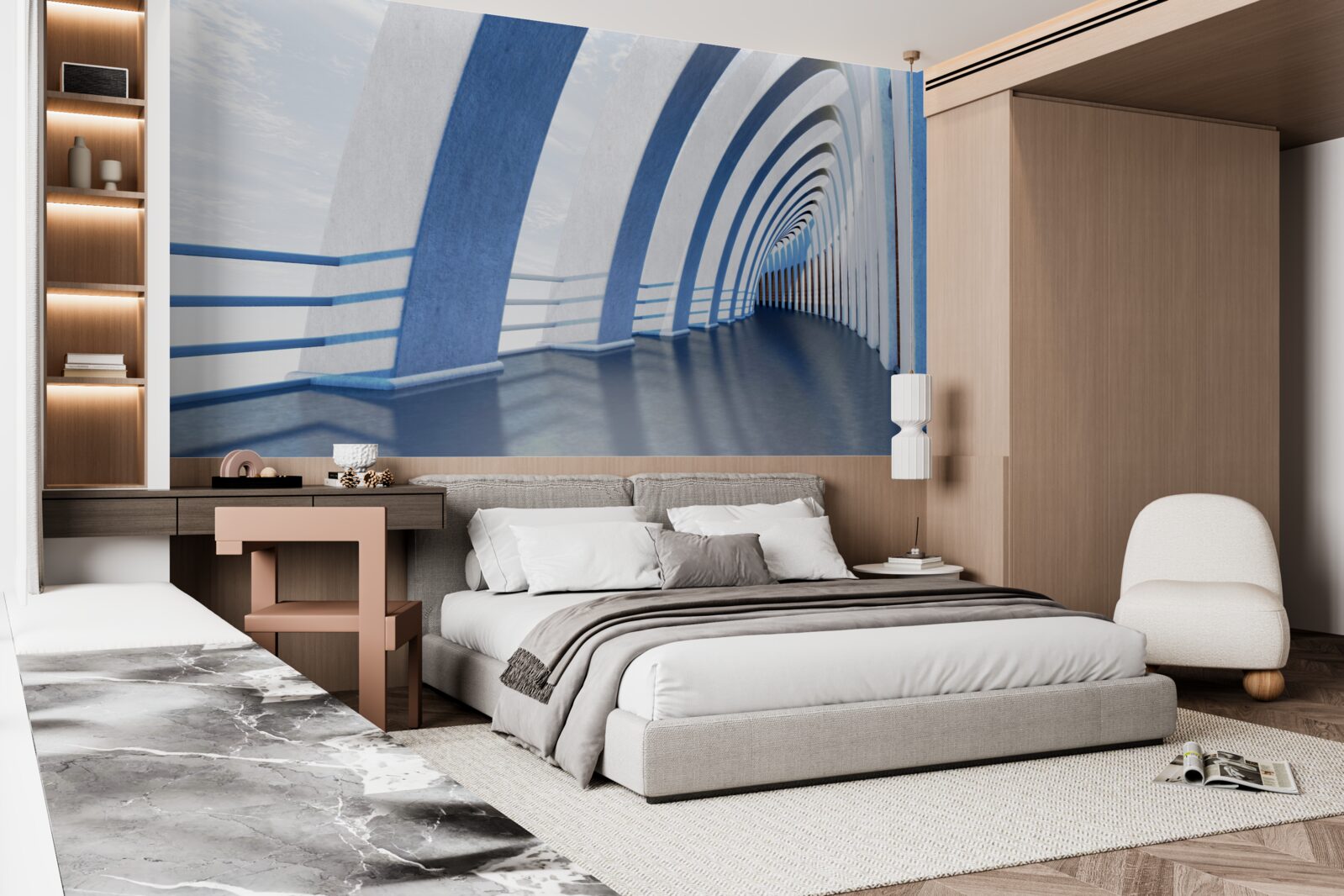 Фотошпалери пасаж в оточенні колон під яскравим небом