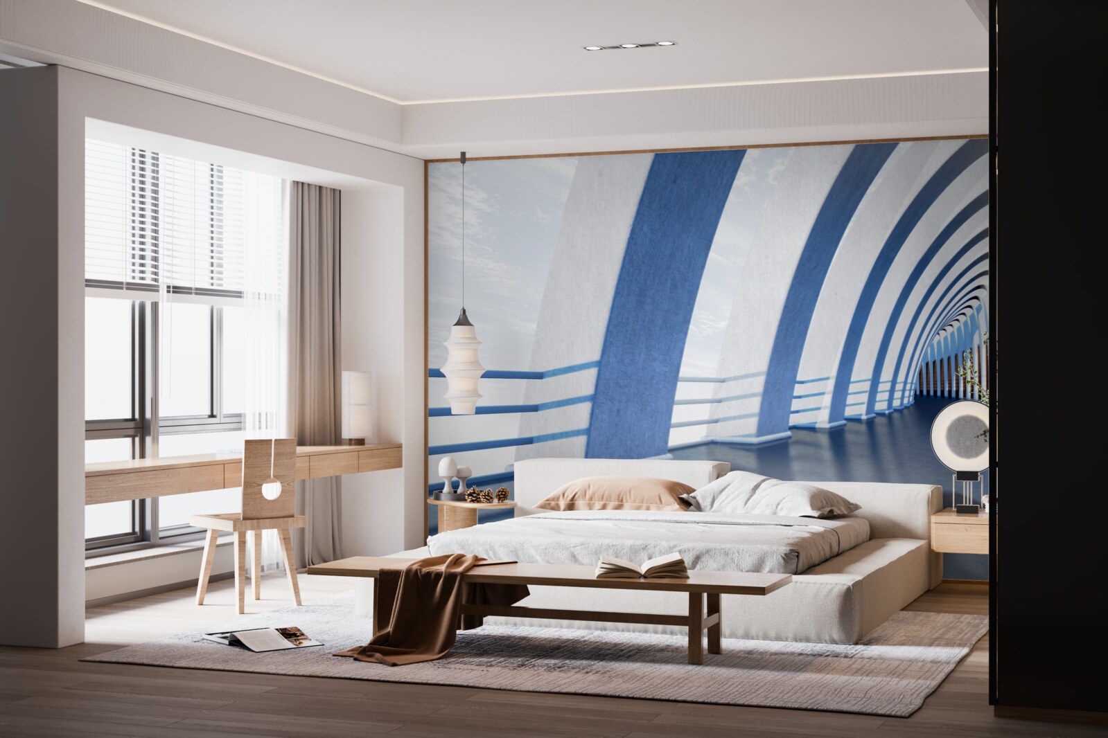 Фотошпалери пасаж в оточенні колон під яскравим небом