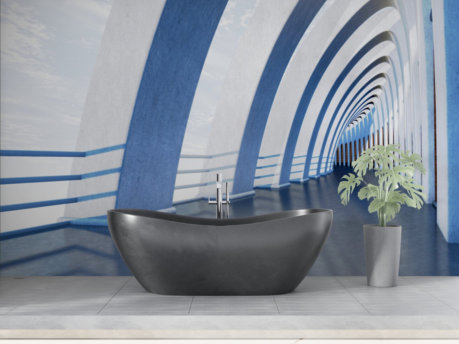 Фотошпалери пасаж в оточенні колон під яскравим небом