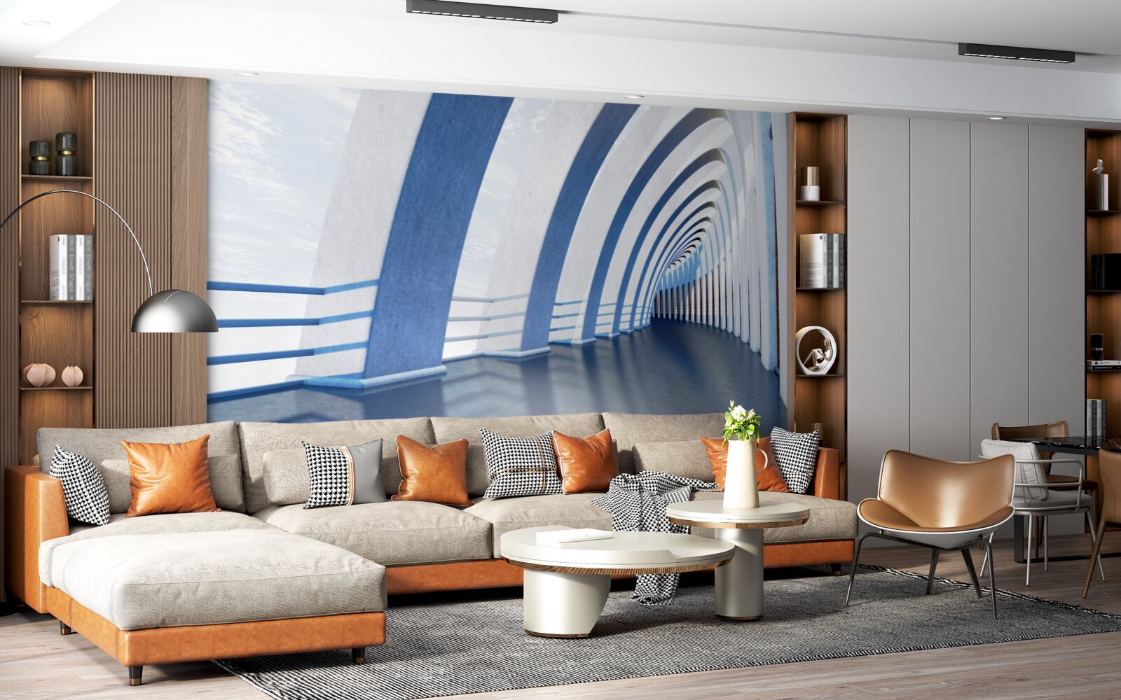 Фотошпалери пасаж в оточенні колон під яскравим небом