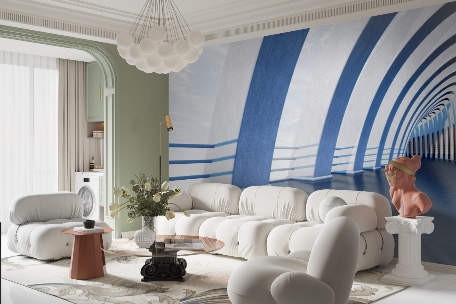 Фотошпалери пасаж в оточенні колон під яскравим небом