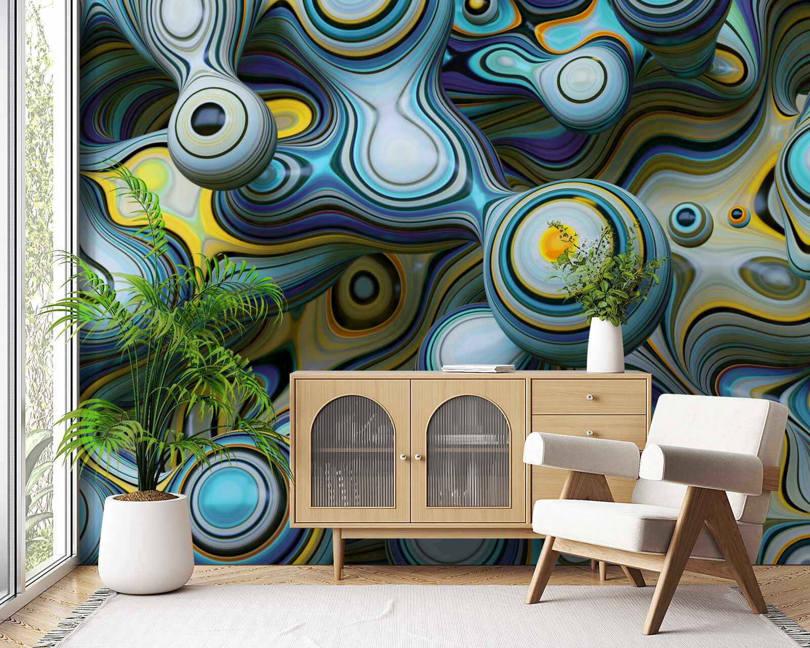 Фотошпалери абстрактні зображення куль і яскравих променів