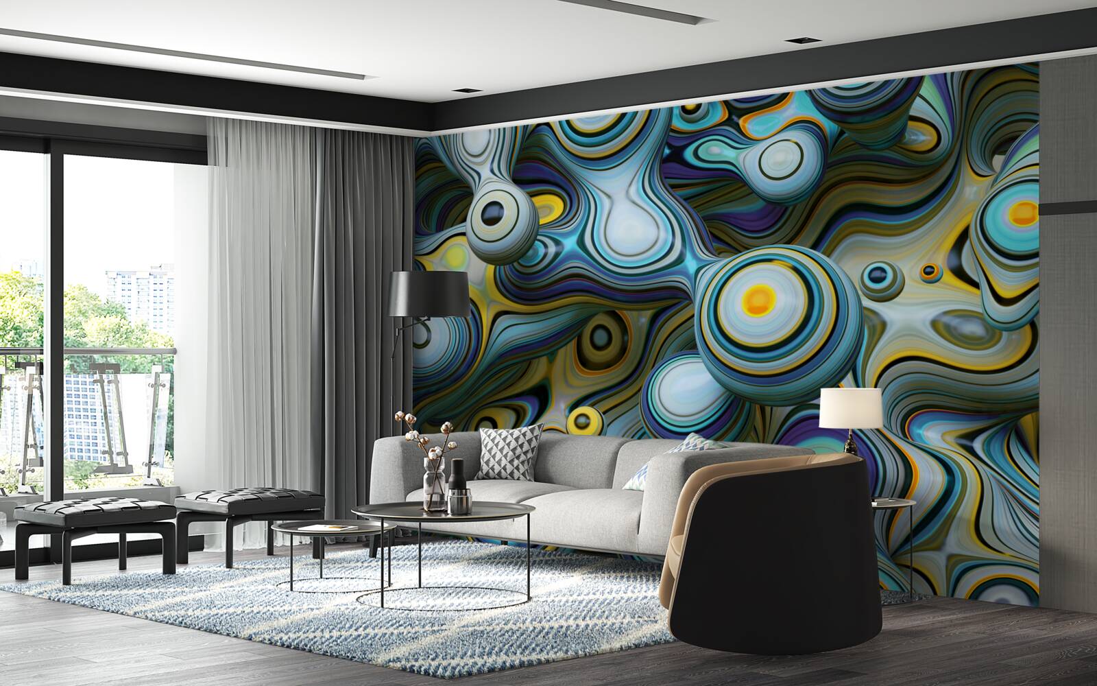 Фотошпалери абстрактні зображення куль і яскравих променів