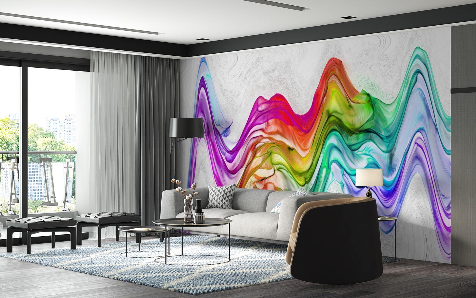 Фотошпалери звукова хвиля в поєднанні з яскравими лініями