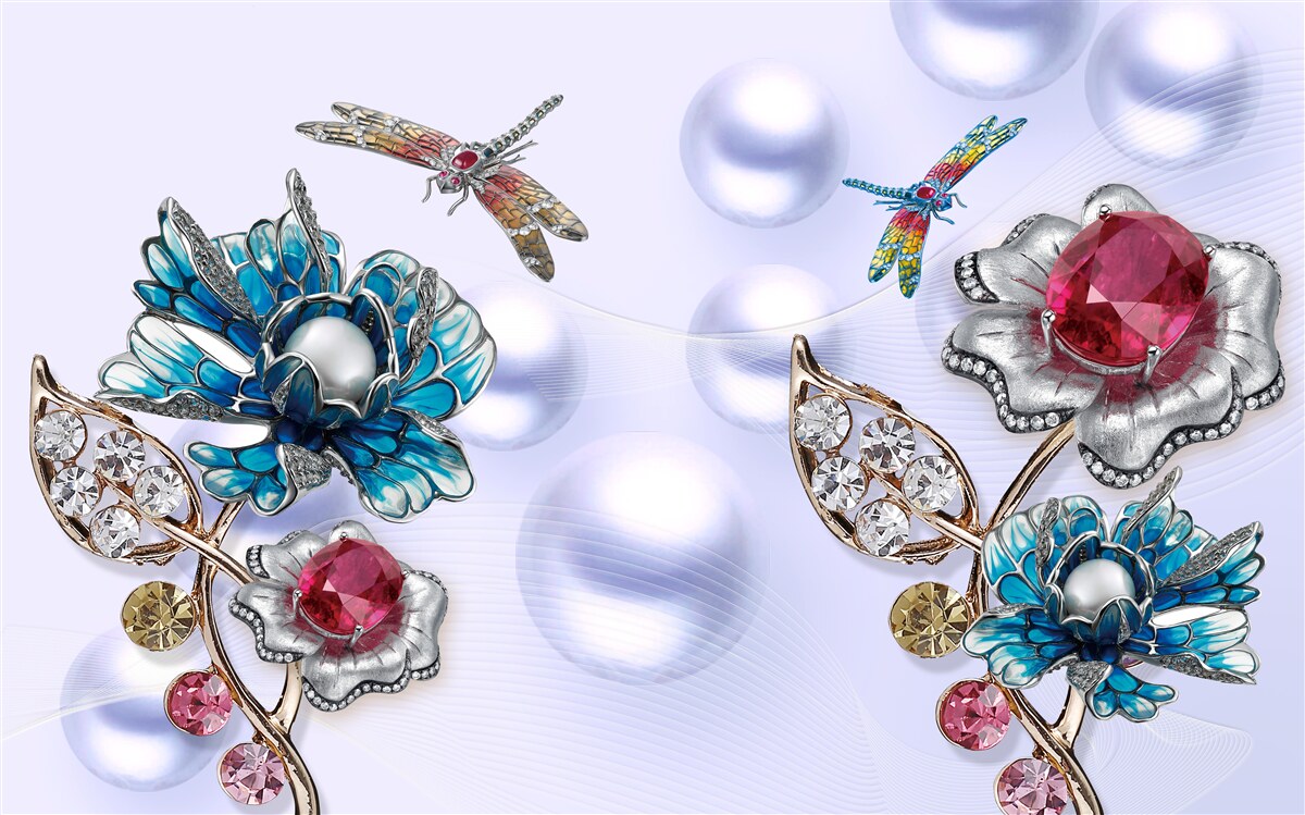 Фотошпалери ювелірні камені з квітковими мотивами та зображеннями бабок