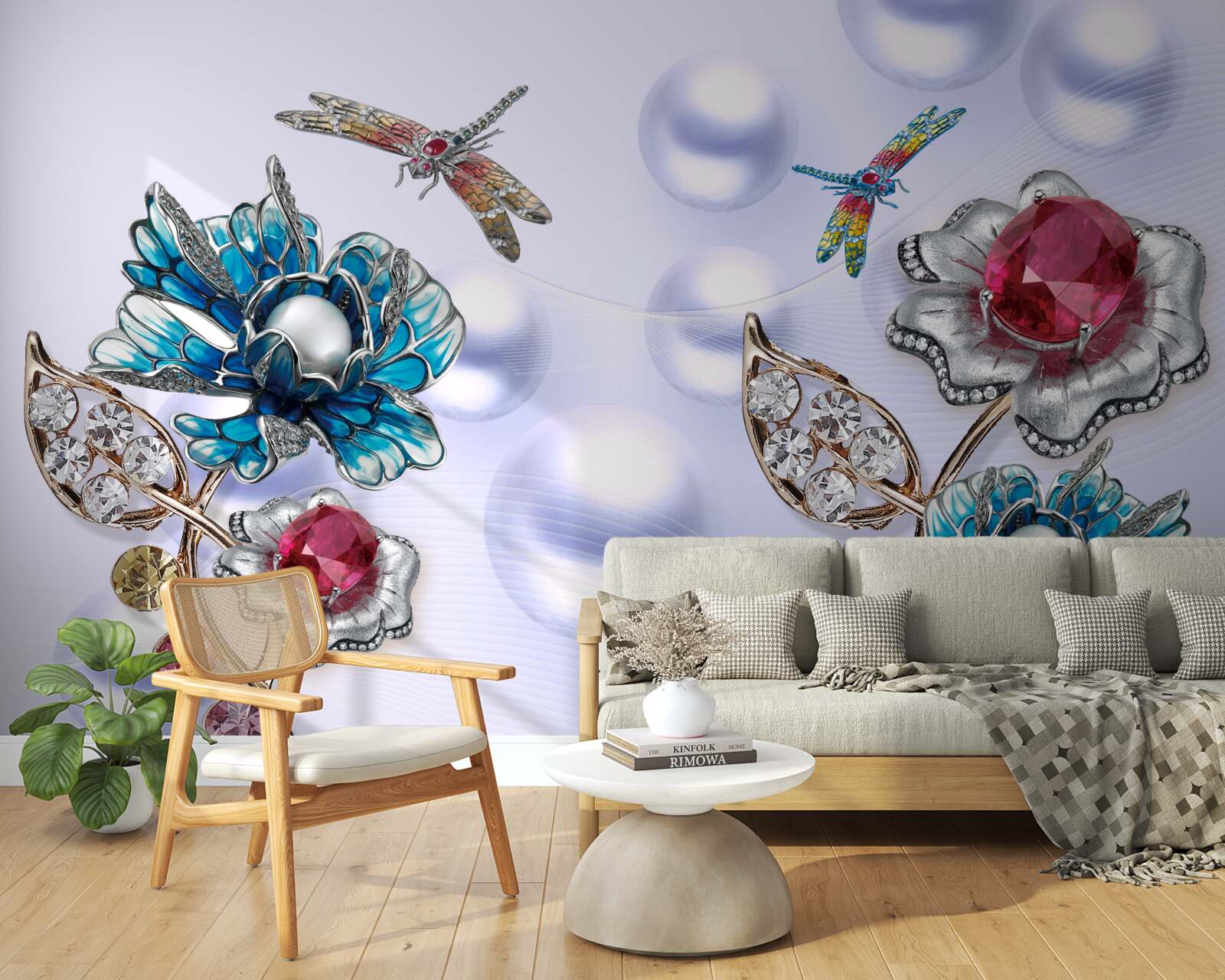 Фотошпалери ювелірні камені з квітковими мотивами та зображеннями бабок