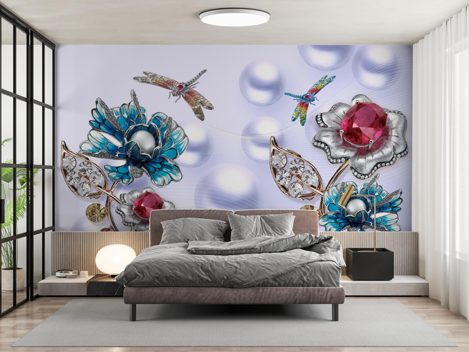 Фотошпалери ювелірні камені з квітковими мотивами та зображеннями бабок