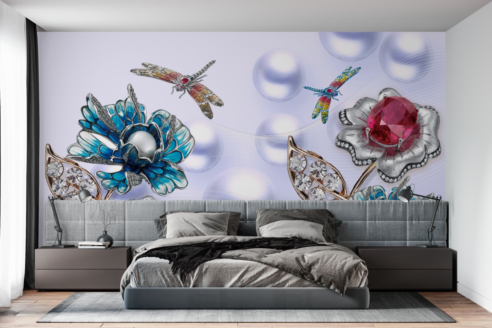 Фотошпалери ювелірні камені з квітковими мотивами та зображеннями бабок