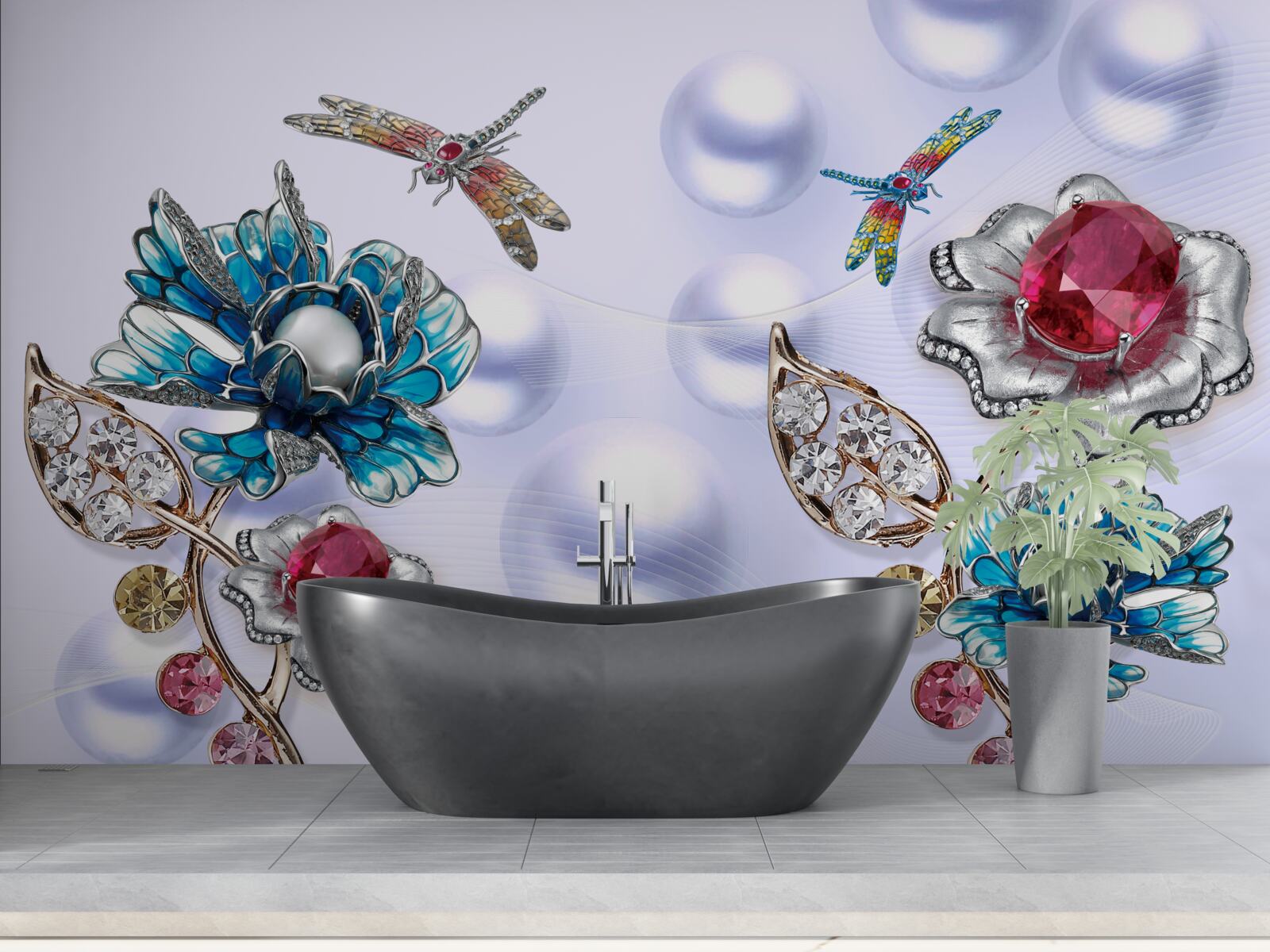 Фотошпалери ювелірні камені з квітковими мотивами та зображеннями бабок