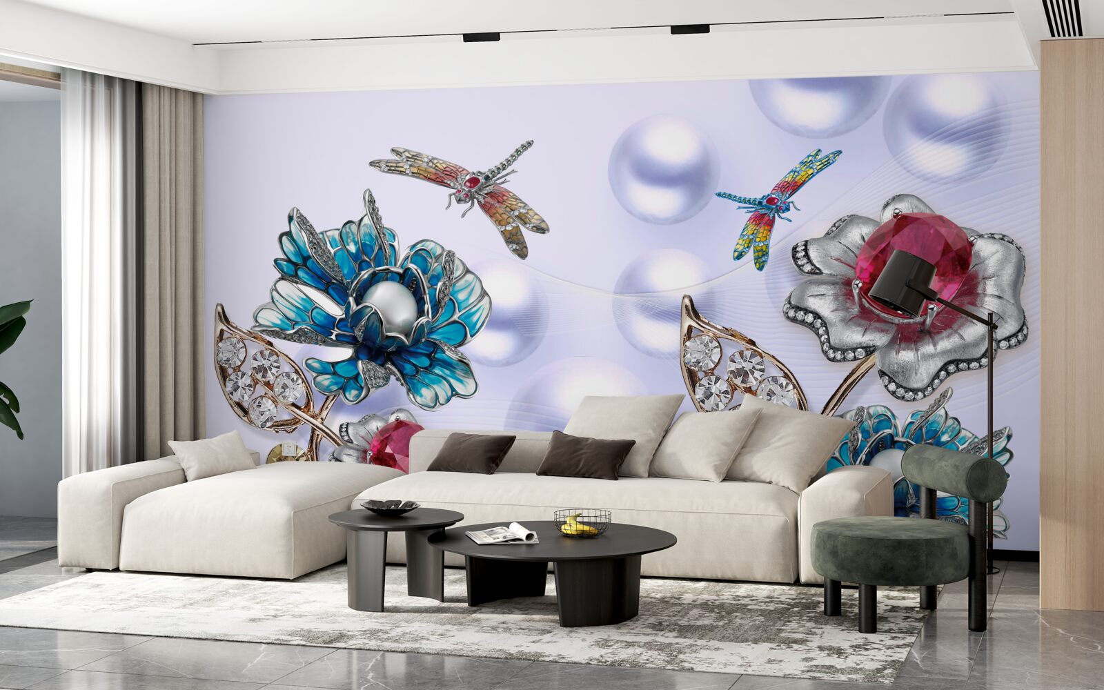 Фотошпалери ювелірні камені з квітковими мотивами та зображеннями бабок