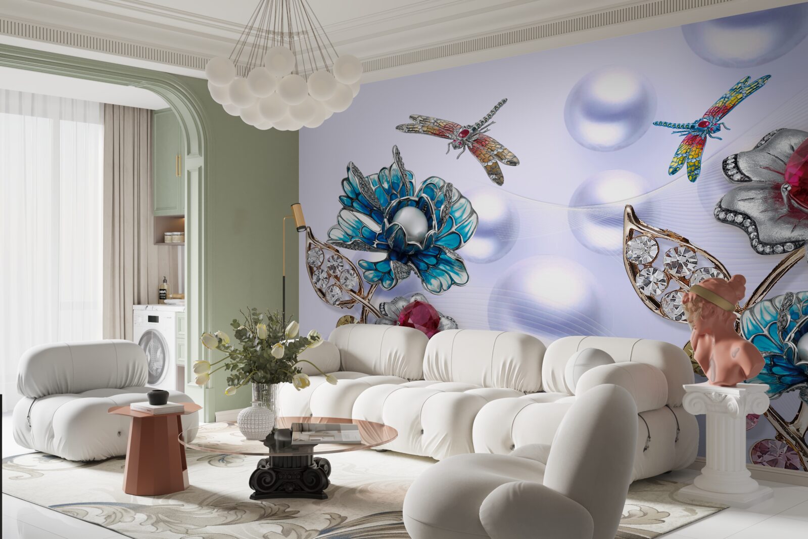 Фотошпалери ювелірні камені з квітковими мотивами та зображеннями бабок