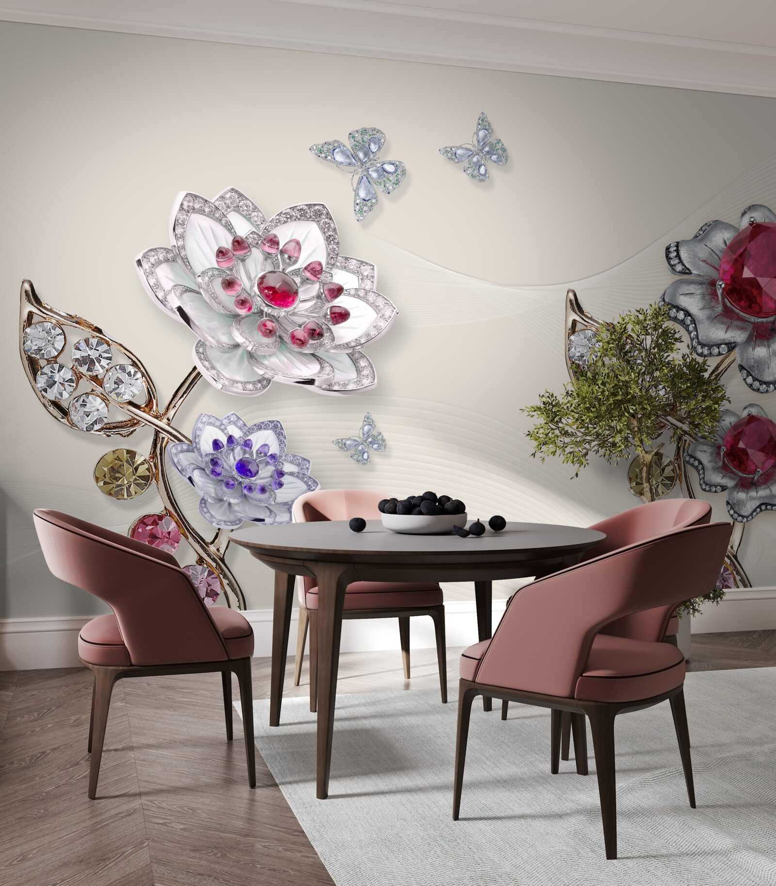 Фотошпалери золоті квіти, прикрашені коштовним камінням, захоплюють своєю красою