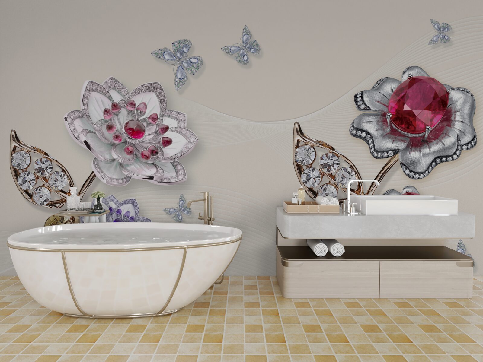 Фотошпалери золоті квіти, прикрашені коштовним камінням, захоплюють своєю красою