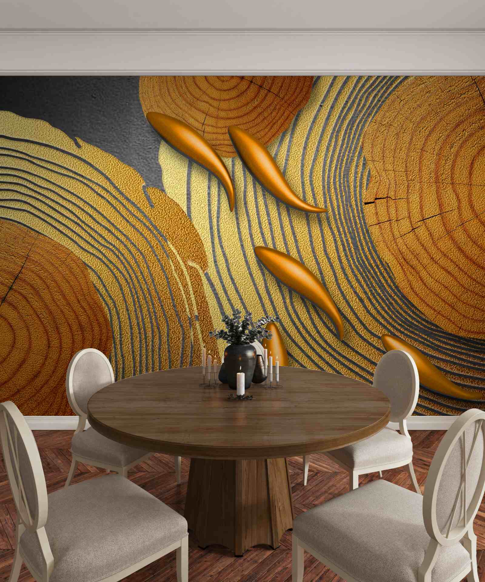 Фотошпалери скульптури на деревах прикрашені золотими рибками